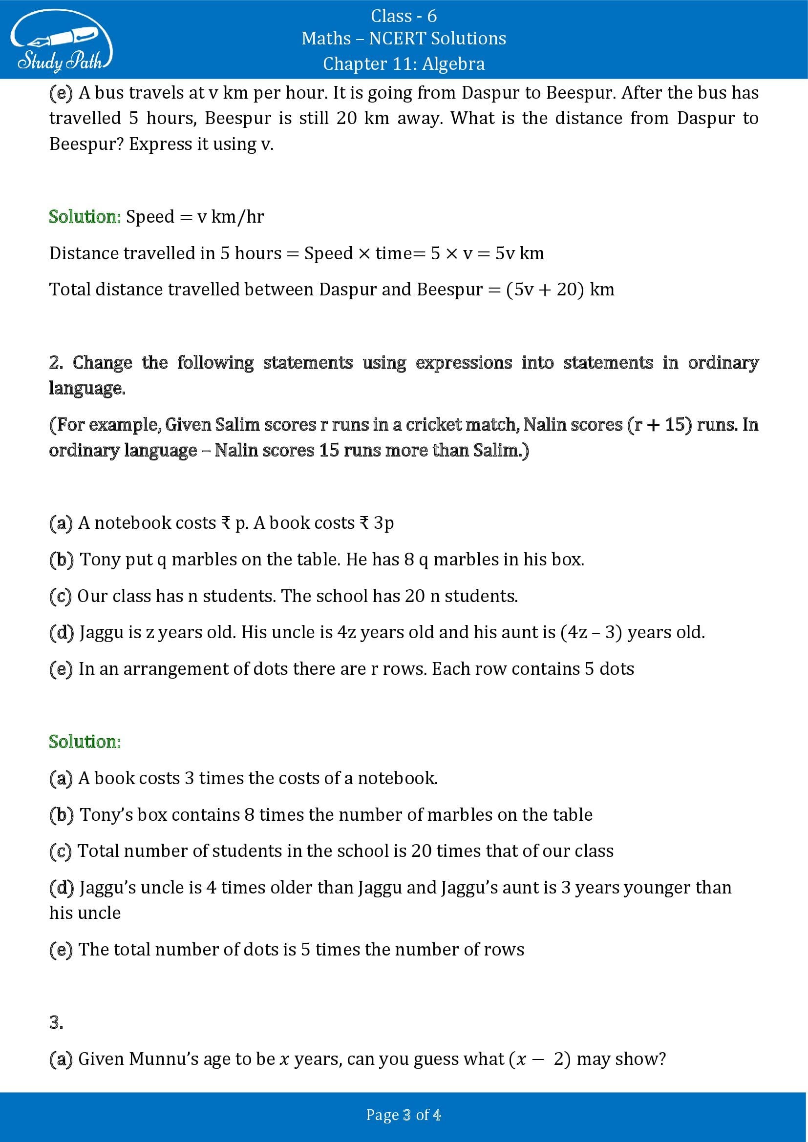 NCERT Solutions for Class 6 Maths Chapter 11 Algebra Exercise 11.4 00003
