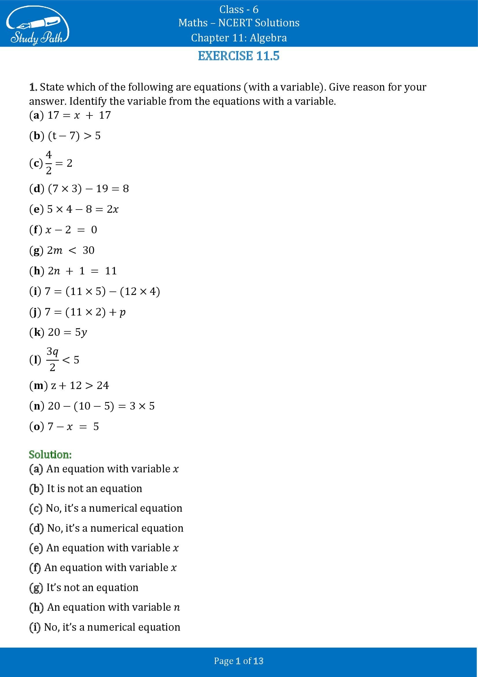 NCERT Solutions for Class 6 Maths Chapter 11 Algebra Exercise 11.5 00001