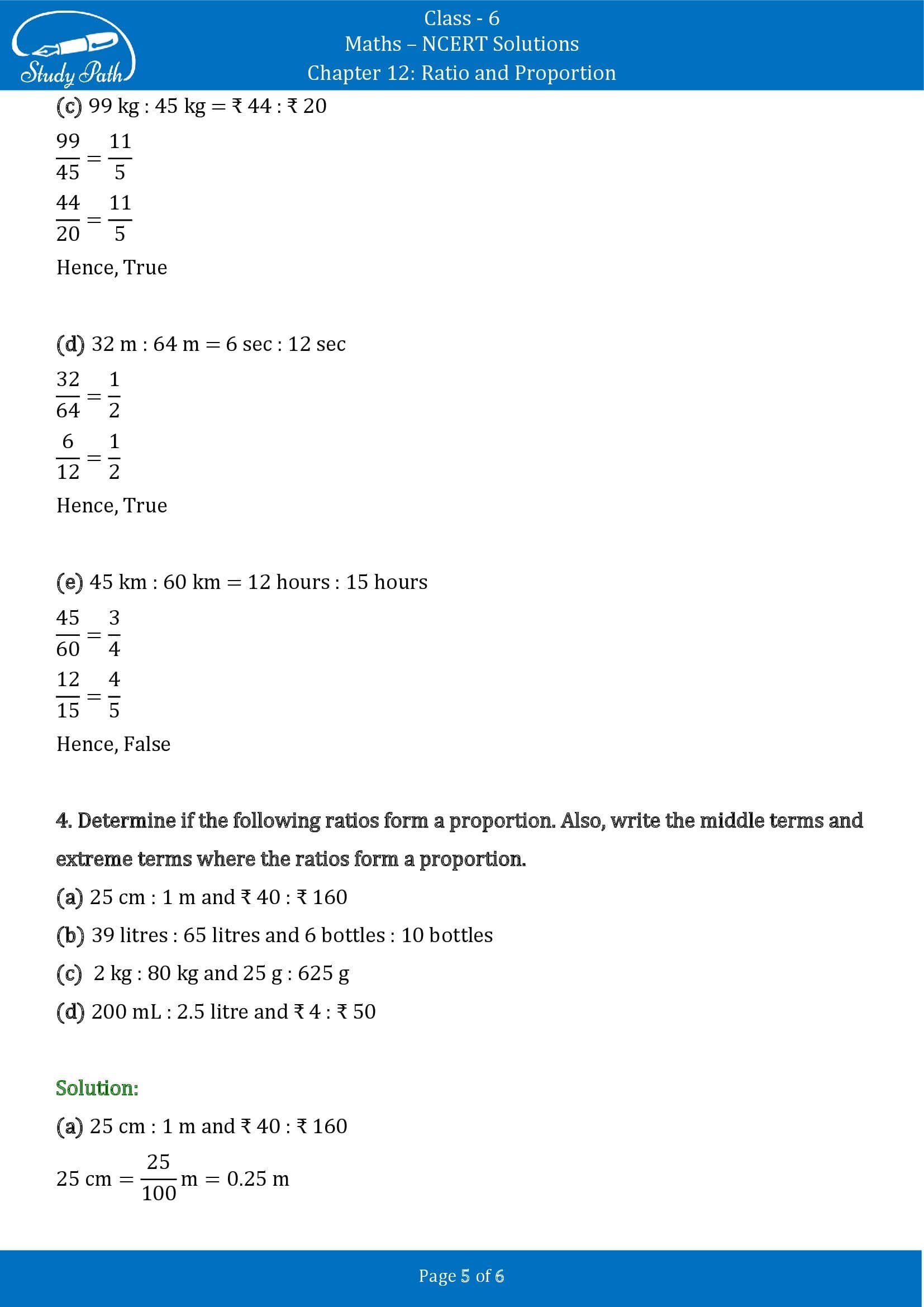 NCERT Solutions for Class 6 Maths Chapter 12 Ratio and Proportion Exercise 12.2 00005