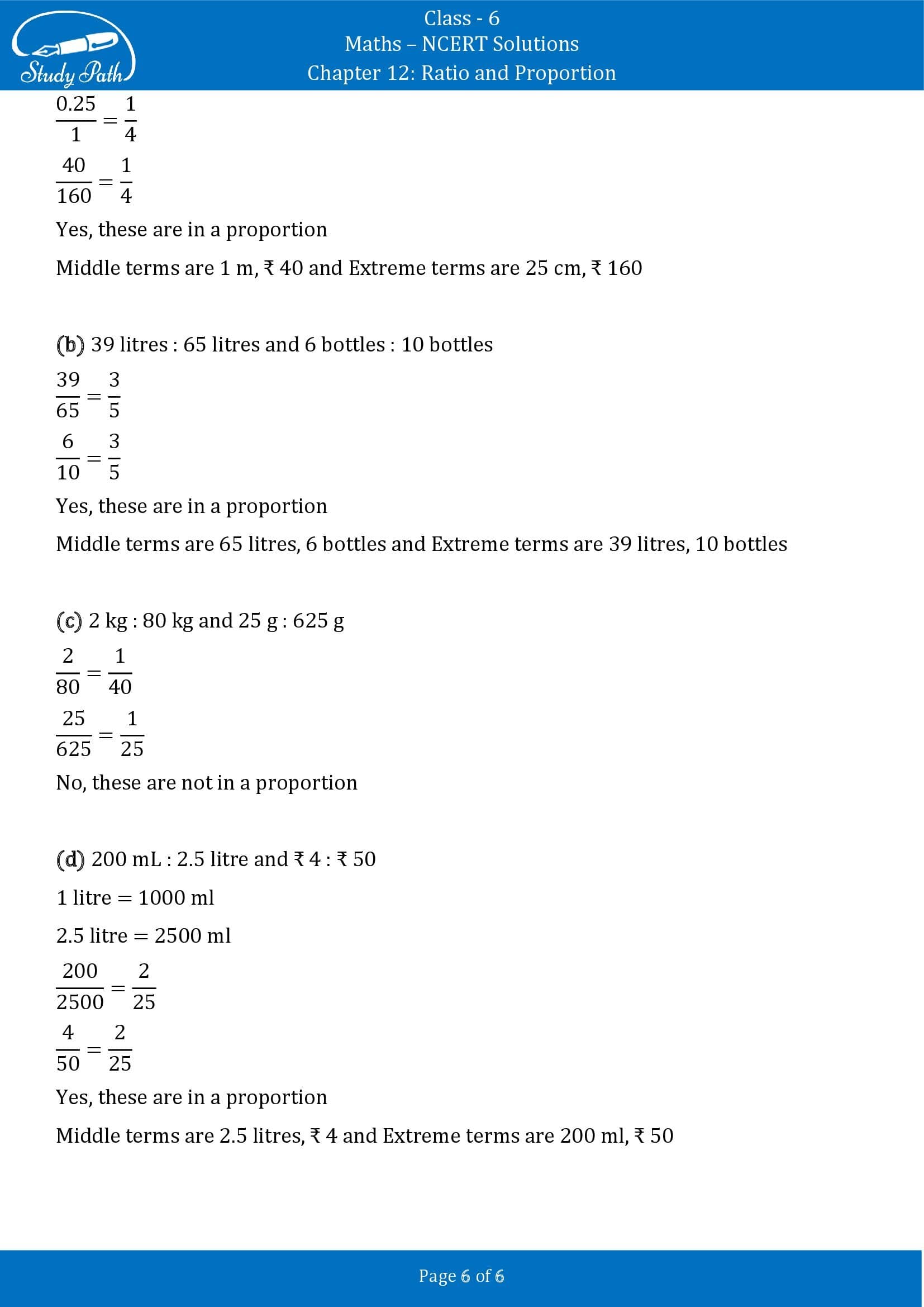 NCERT Solutions for Class 6 Maths Chapter 12 Ratio and Proportion Exercise 12.2 00006