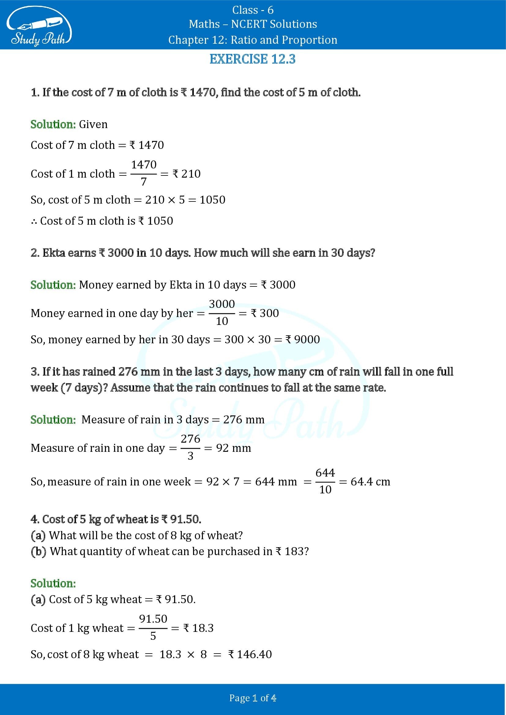 NCERT Solutions for Class 6 Maths Chapter 12 Ratio and Proportion Exercise 12.3 00001