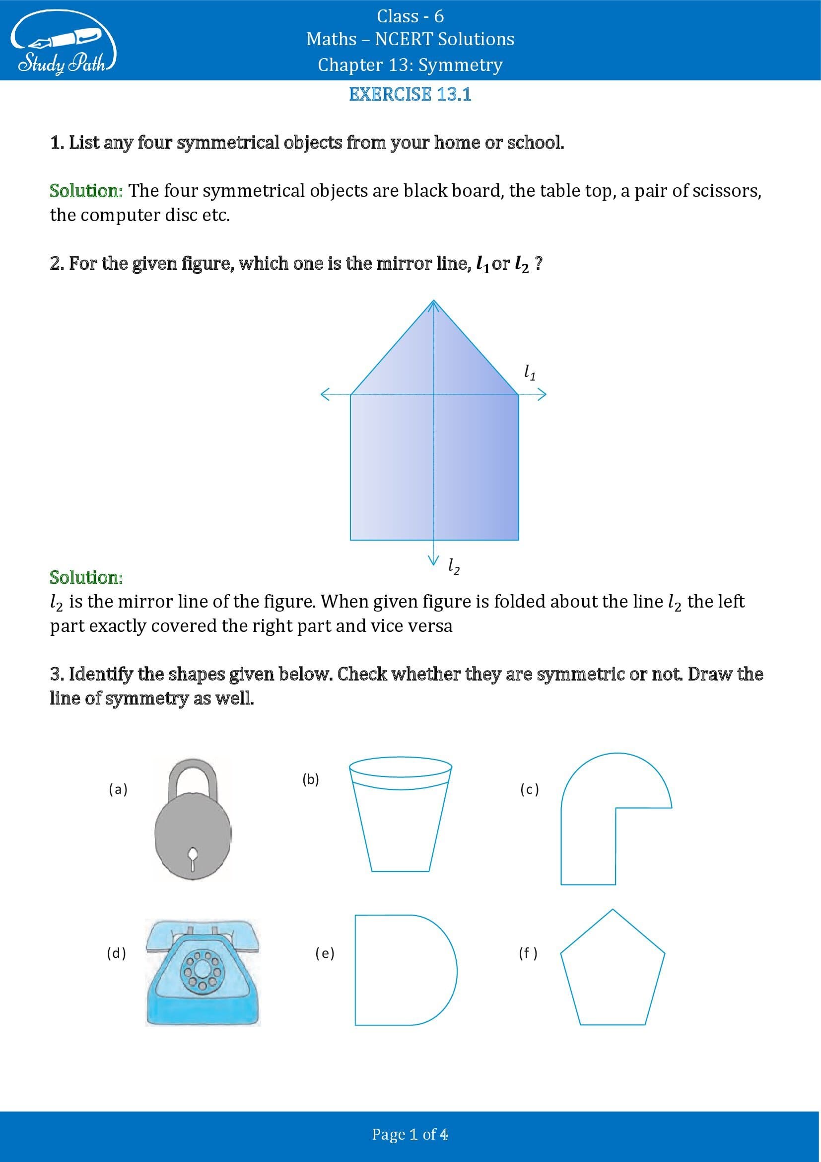 NCERT Solutions for Class 6 Maths Chapter 13 Symmetry Exercise 13.1 00001