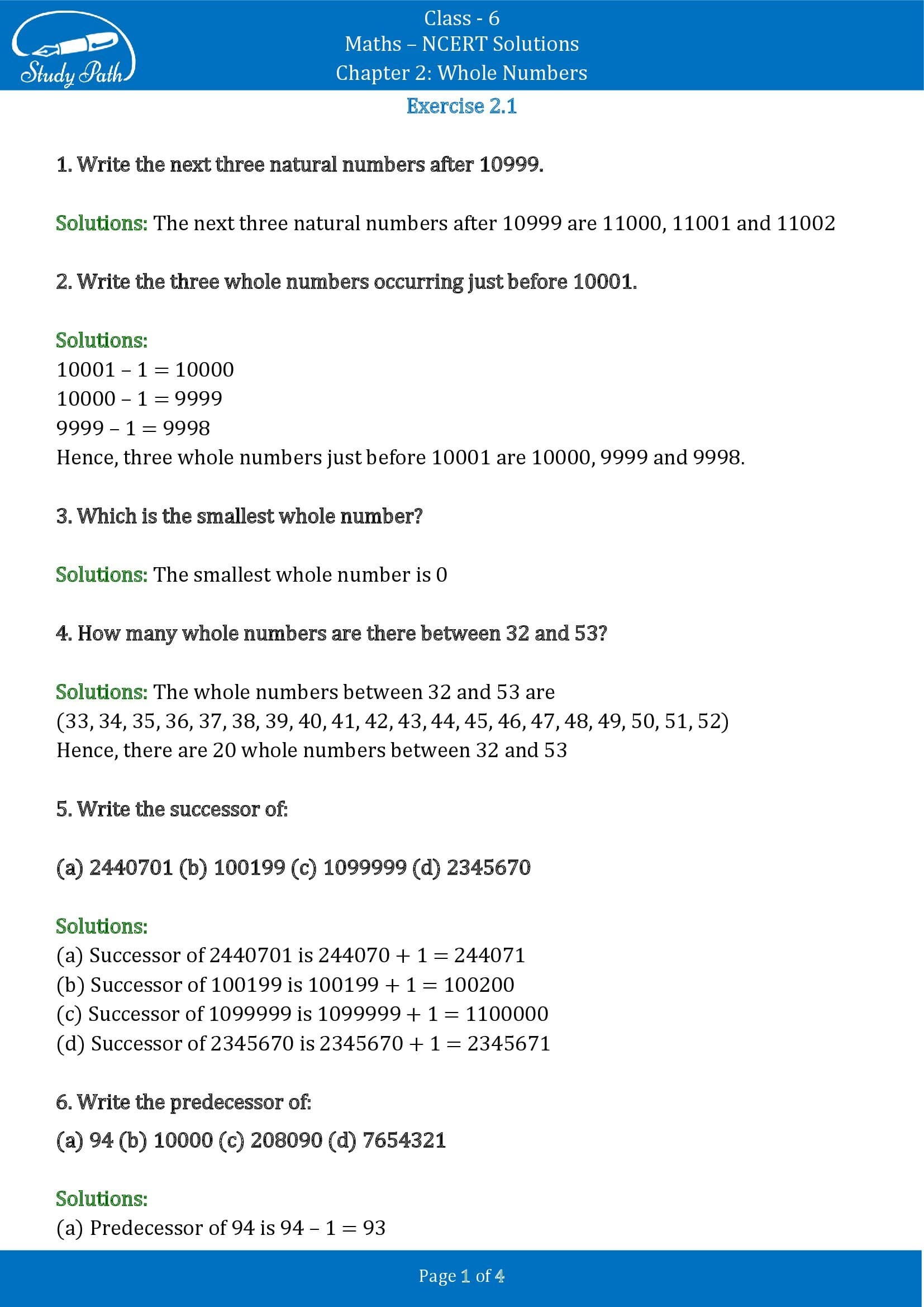 NCERT Solutions for Class 6 Maths Chapter 2 Whole Numbers Exercise 2.1 00001