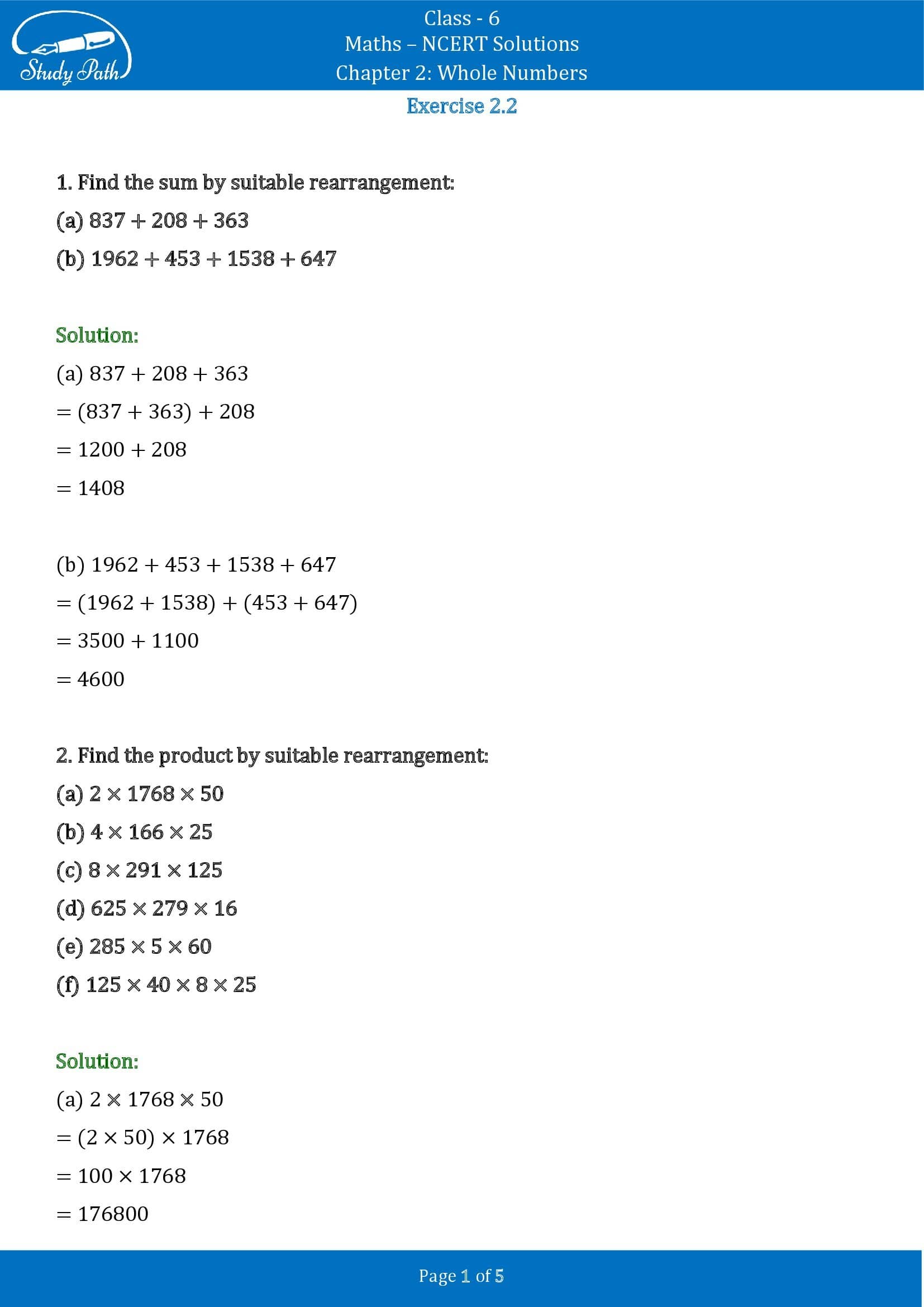 NCERT Solutions for Class 6 Maths Chapter 2 Whole Numbers Exercise 2.2 00001