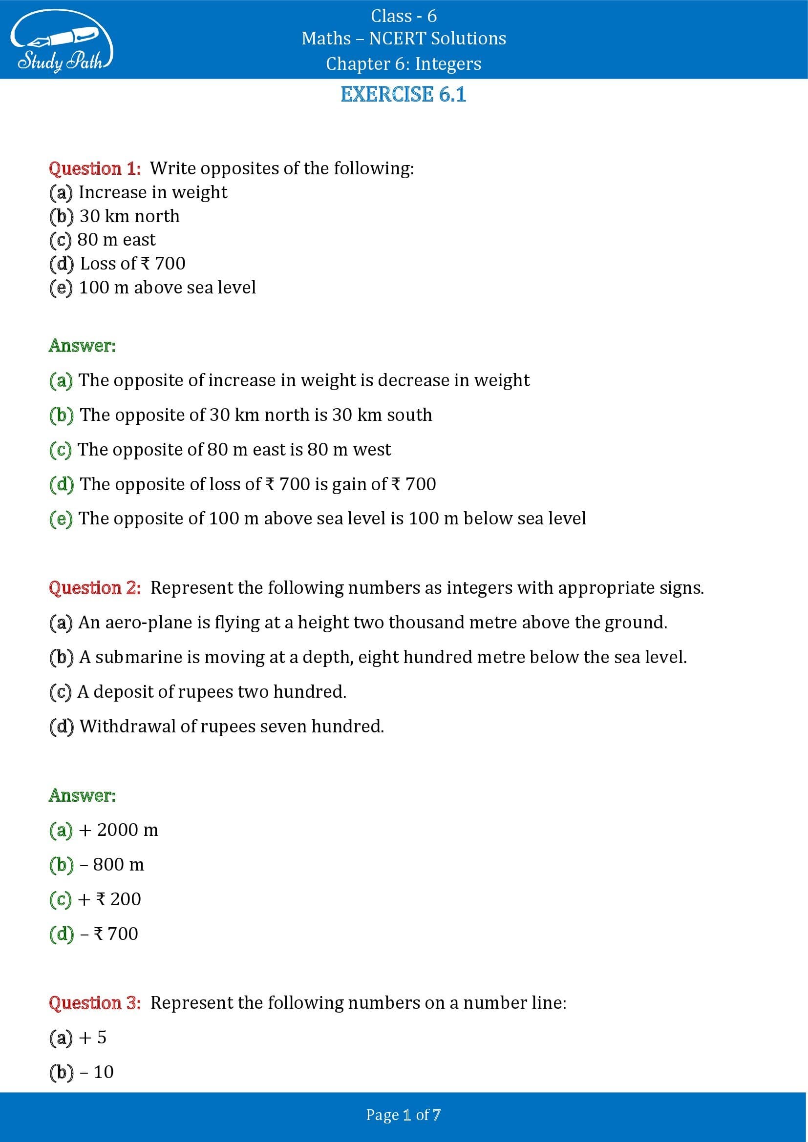 NCERT Solutions for Class 6 Maths Chapter 6 Integers Exercise 6.1 00001