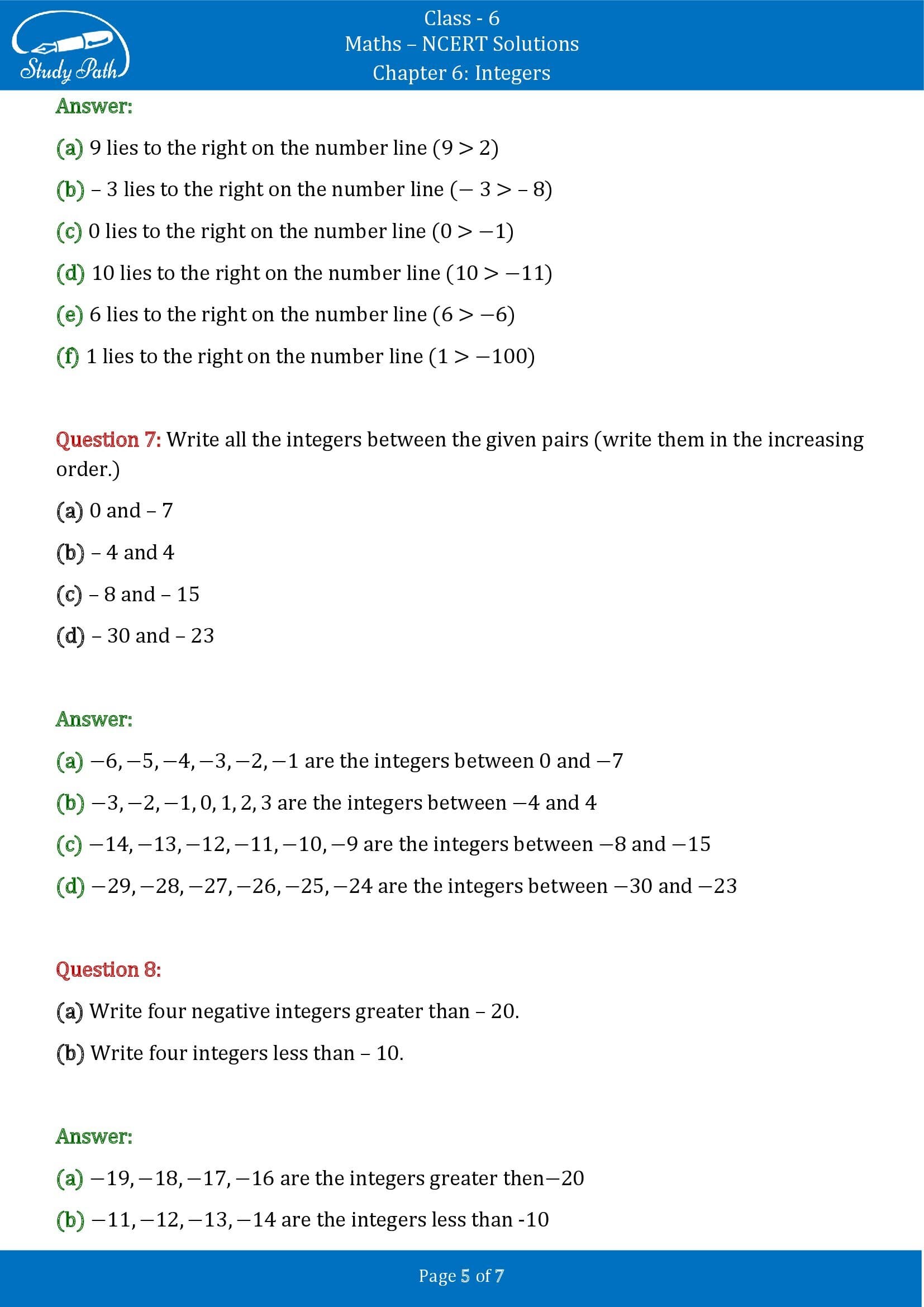 NCERT Solutions for Class 6 Maths Chapter 6 Integers Exercise 6.1 00005