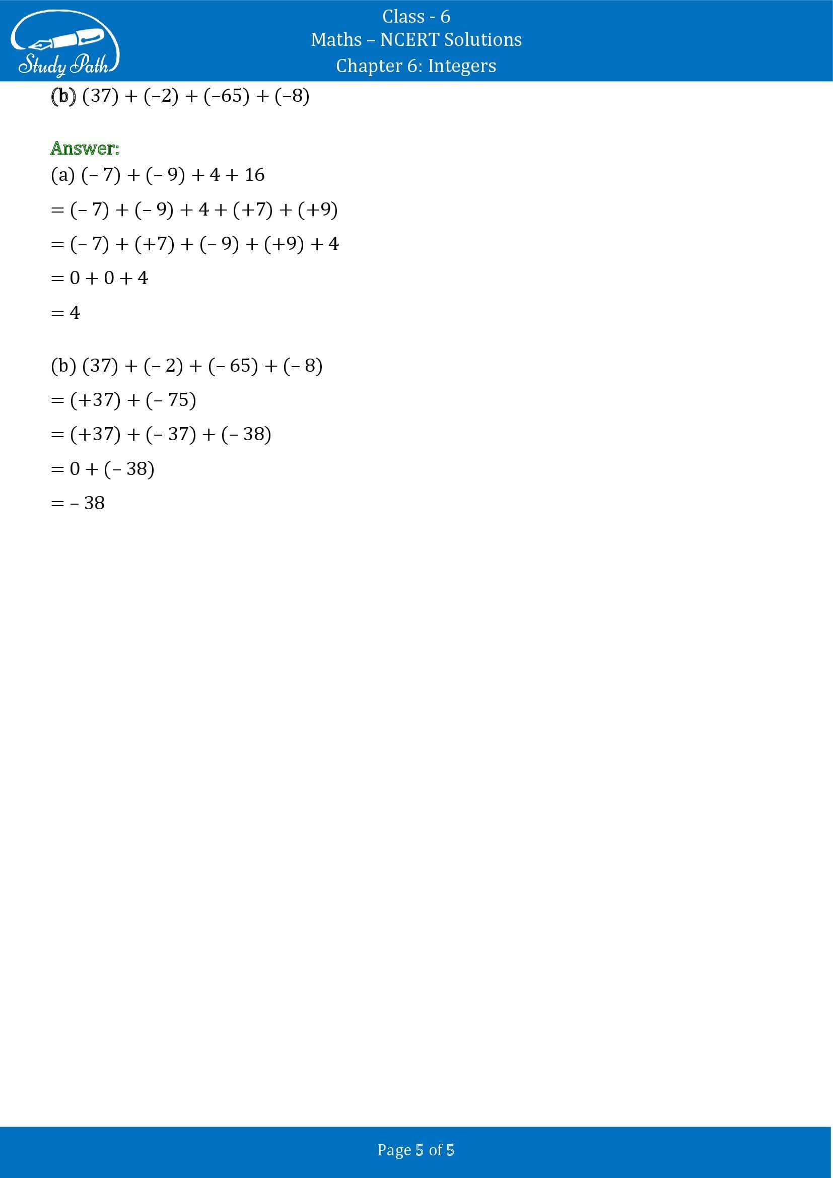 NCERT Solutions for Class 6 Maths Chapter 6 Integers Exercise 6.2 00005