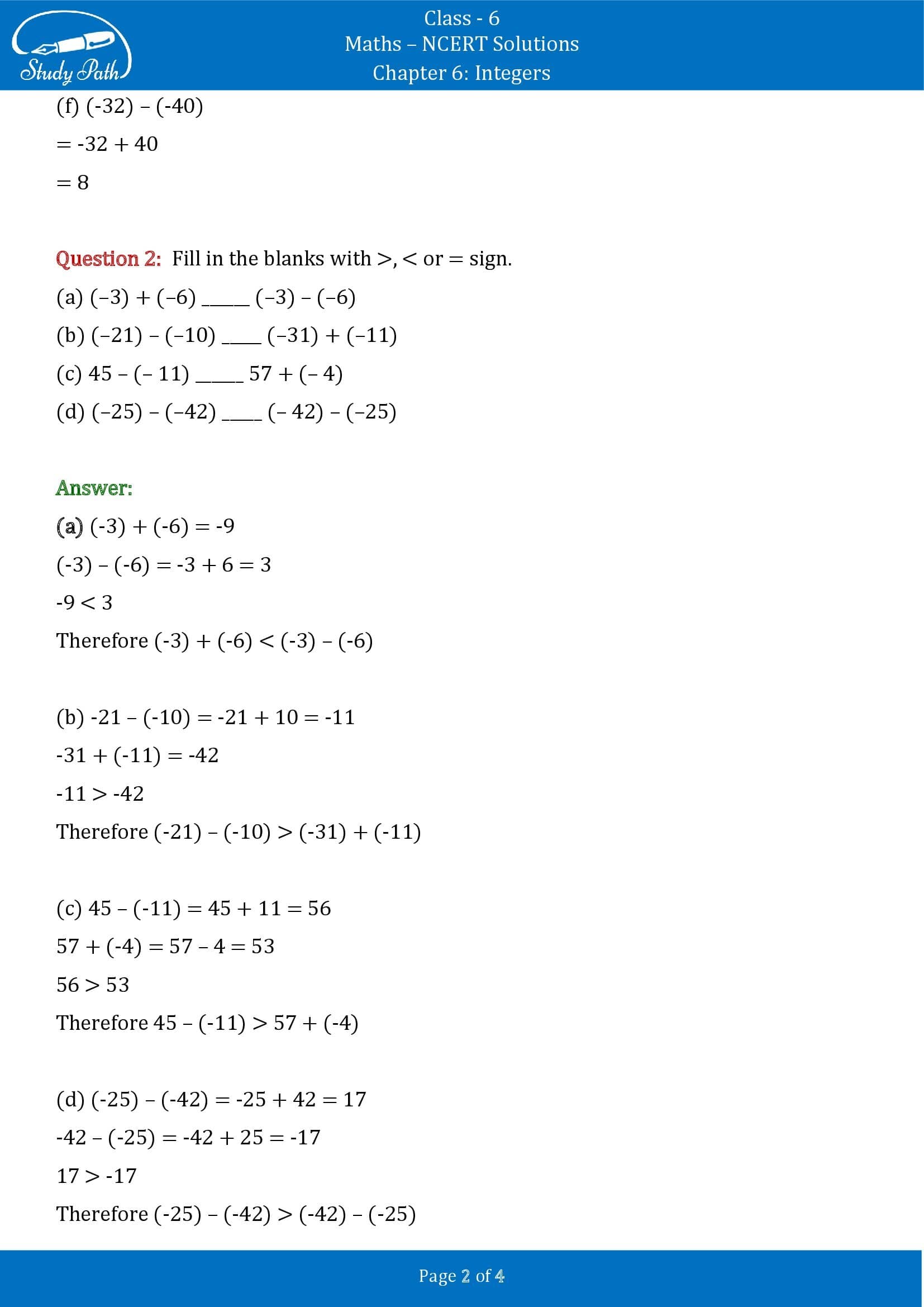 NCERT Solutions for Class 6 Maths Chapter 6 Integers Exercise 6.3 00002
