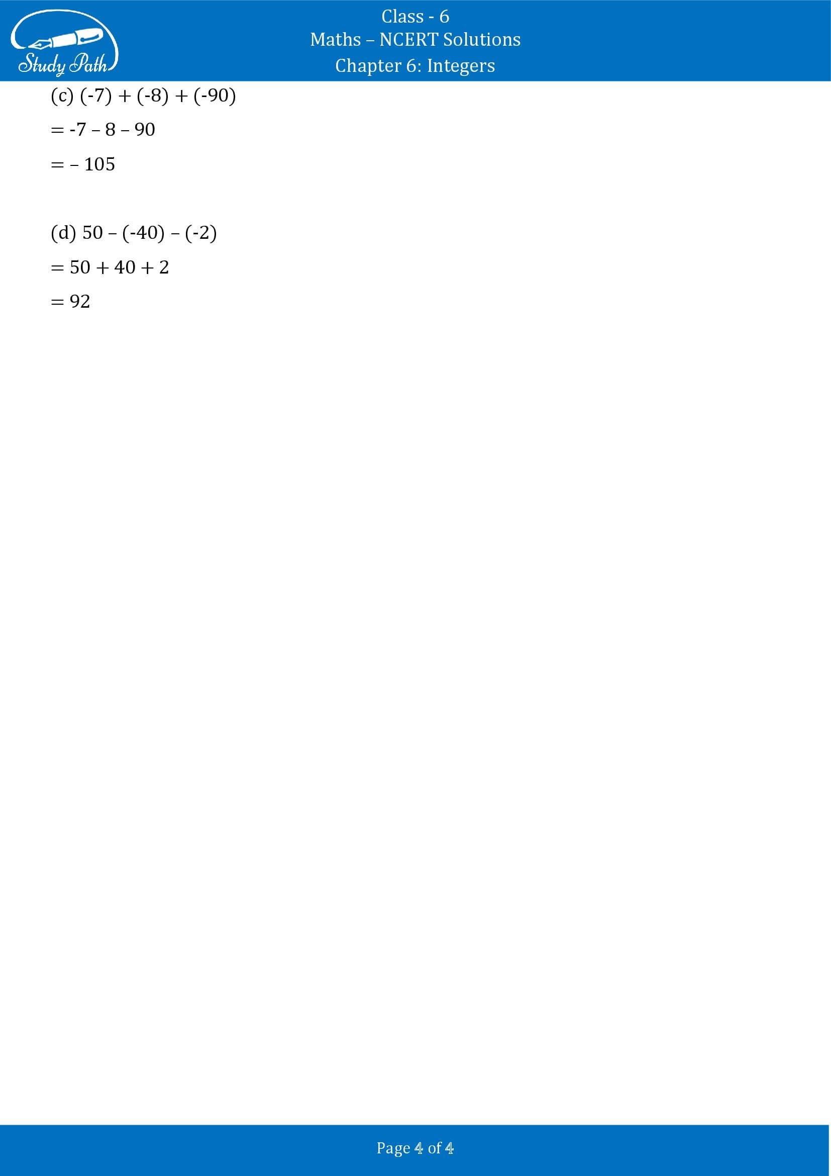 NCERT Solutions for Class 6 Maths Chapter 6 Integers Exercise 6.3 00004