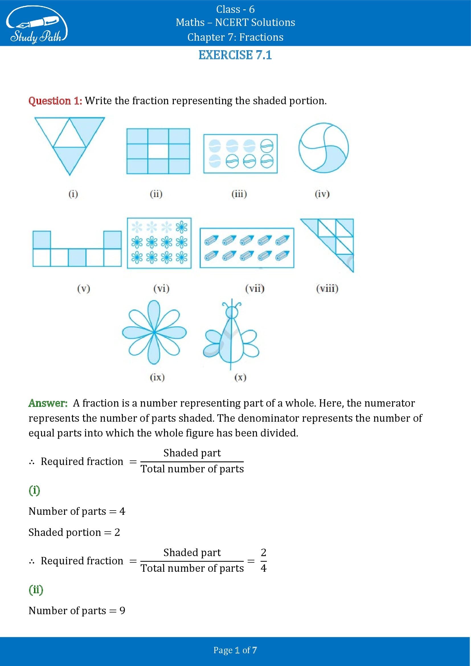 NCERT Solutions for Class 6 Maths Chapter 7 Fractions Exercise 7.1 00001