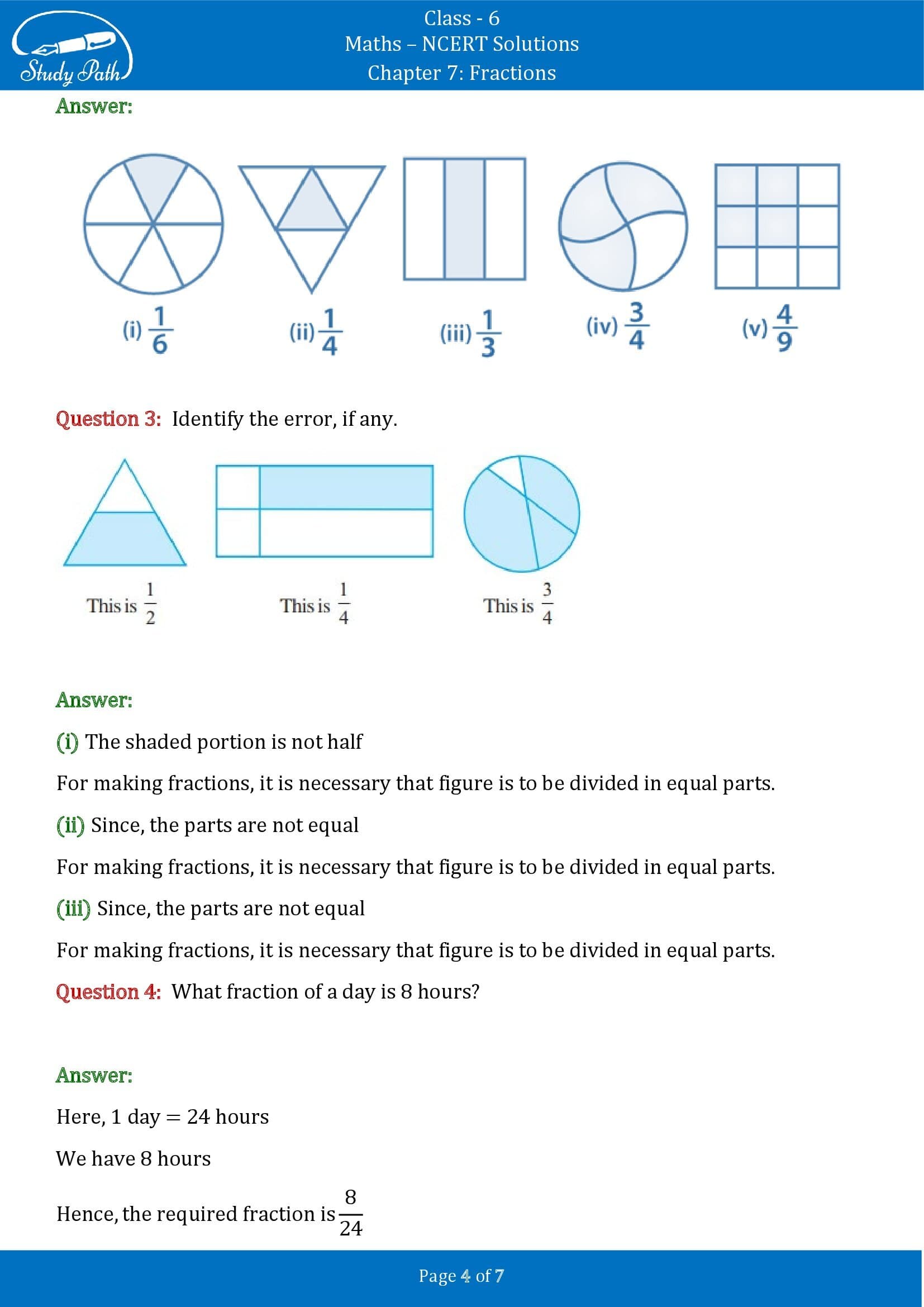 NCERT Solutions for Class 6 Maths Chapter 7 Fractions Exercise 7.1 00004