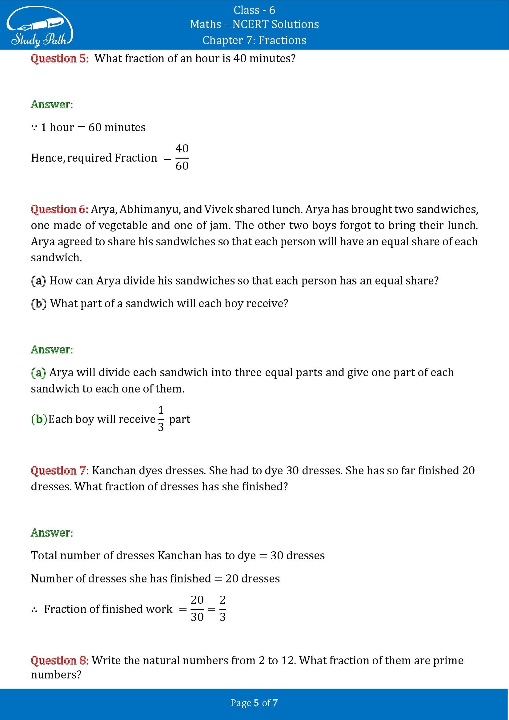NCERT Solutions for Class 6 Maths Chapter 7 Fractions Exercise 7.1 00005