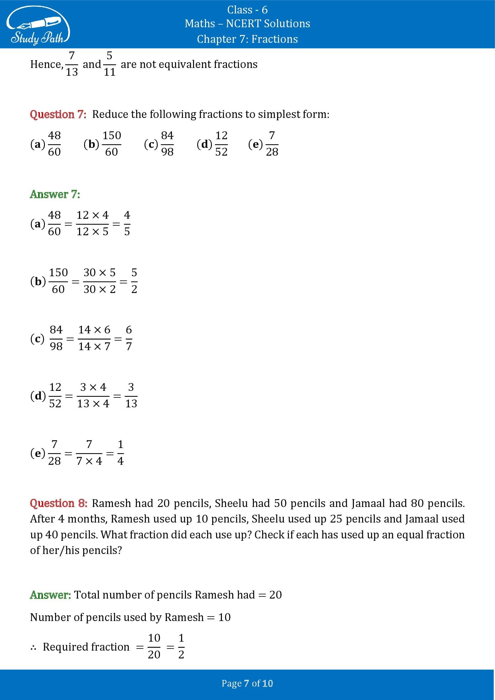 NCERT Solutions for Class 6 Maths Chapter 7 Fractions Exercise 7.3 00007
