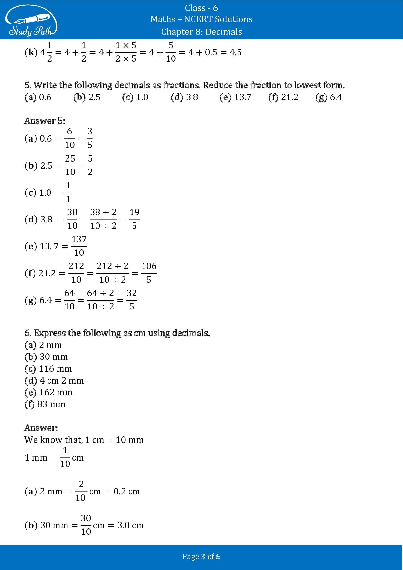 NCERT Solutions for Class 6 Maths Chapter 8 Decimals Exercise 8.1 00003