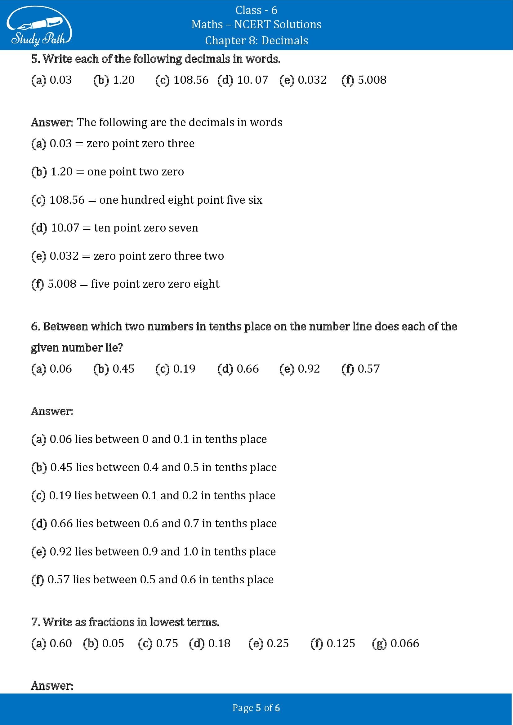 NCERT Solutions for Class 6 Maths Chapter 8 Decimals Exercise 8.2 00005