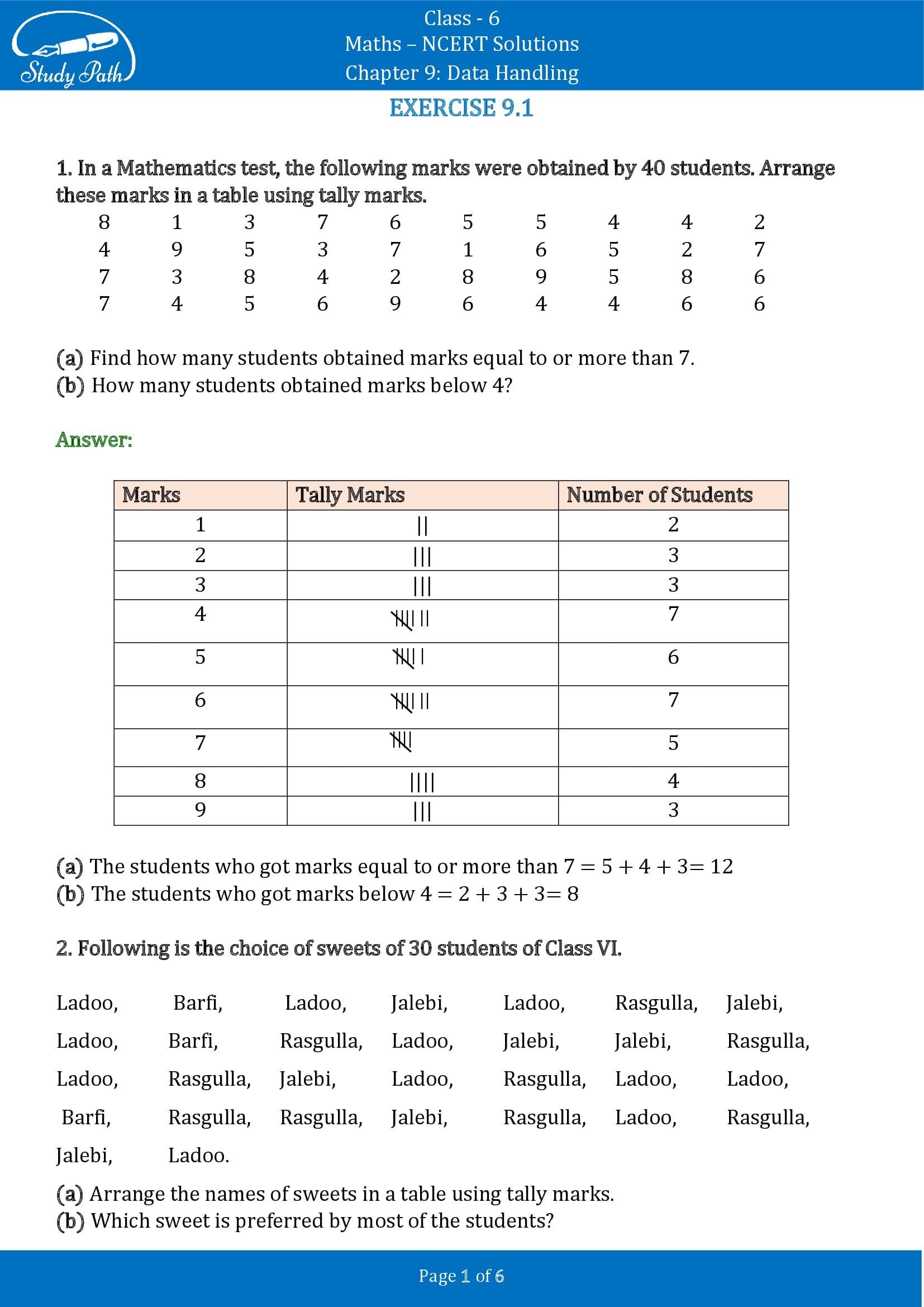 NCERT Solutions for Class 6 Maths Chapter 9 Data Handling Exercise 9.1 00001