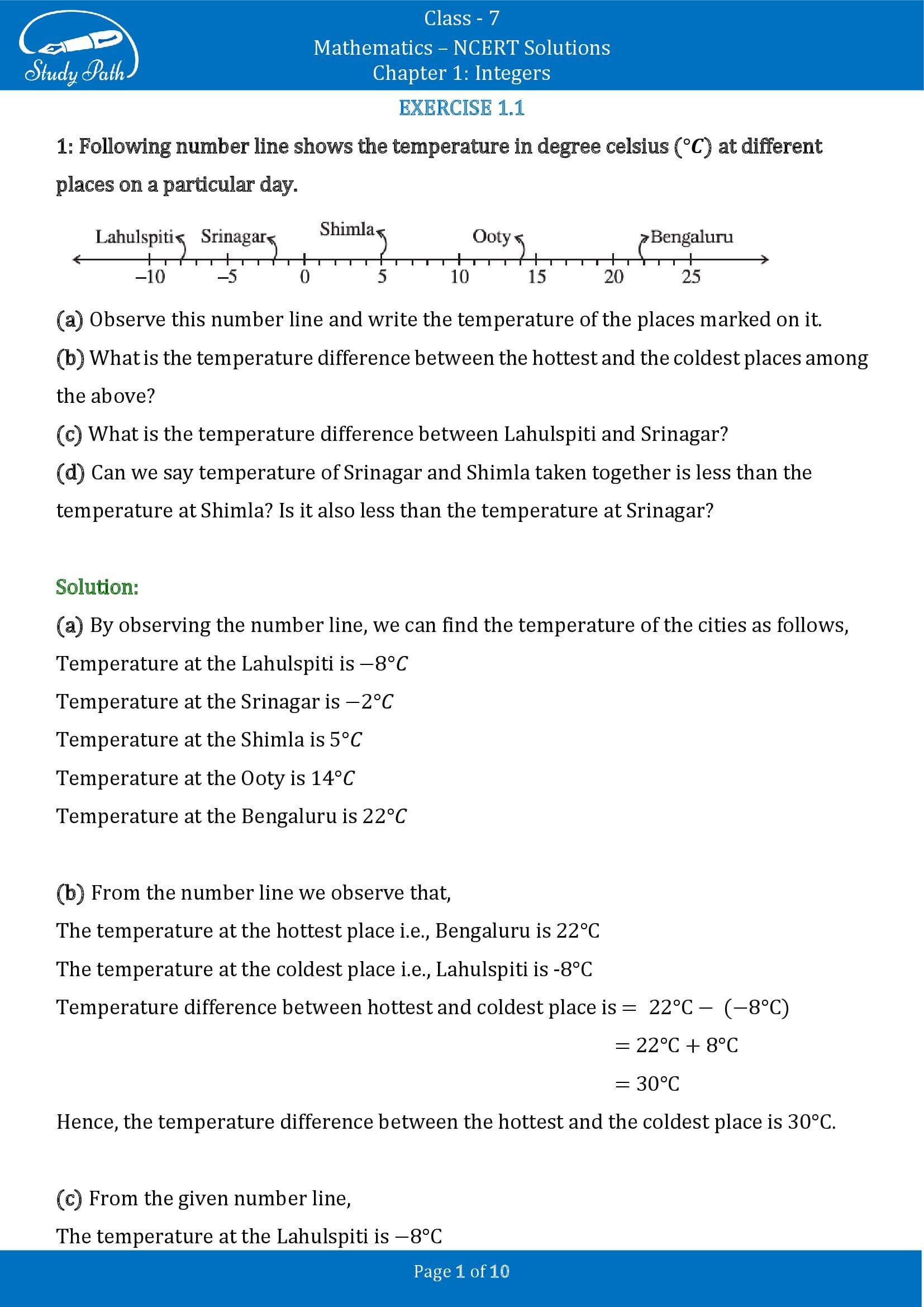NCERT Solutions for Class 7 Maths Chapter 1 Integers Exercise 1.1 00001