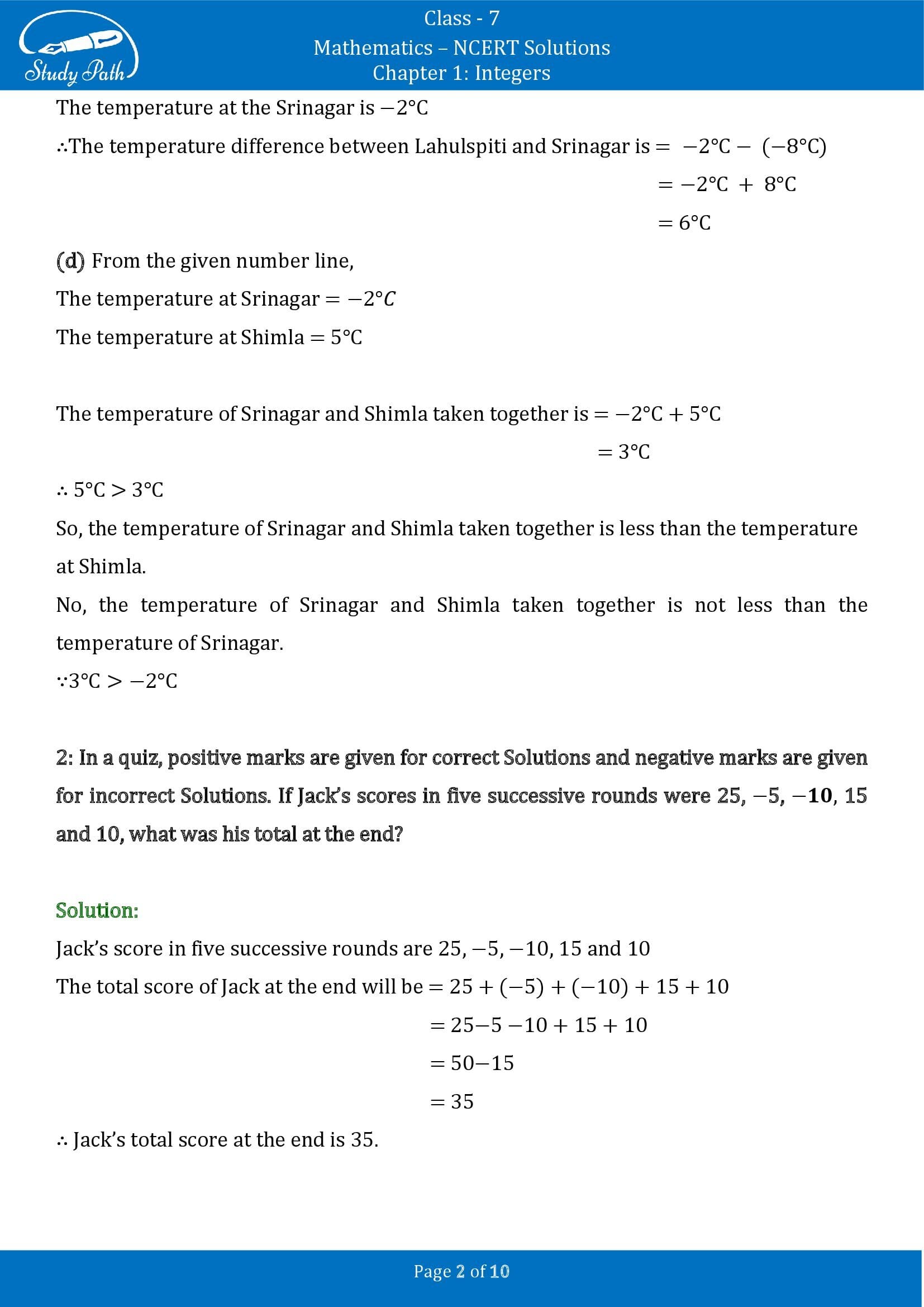 NCERT Solutions for Class 7 Maths Chapter 1 Integers Exercise 1.1 00002