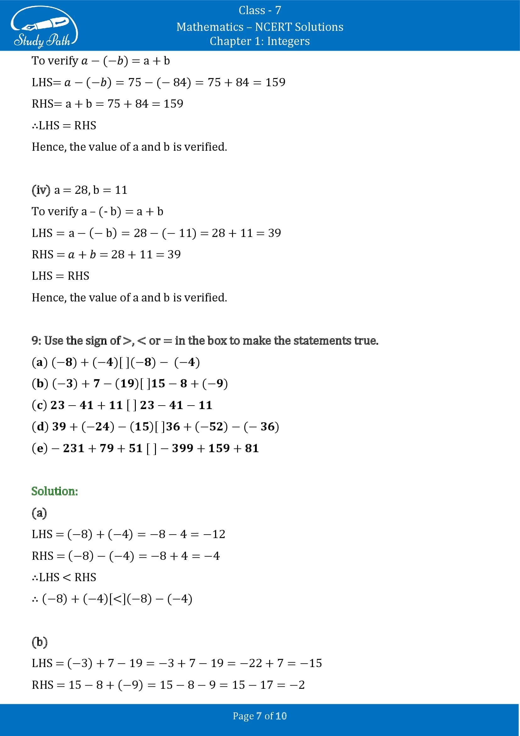 NCERT Solutions for Class 7 Maths Chapter 1 Integers Exercise 1.1 00007