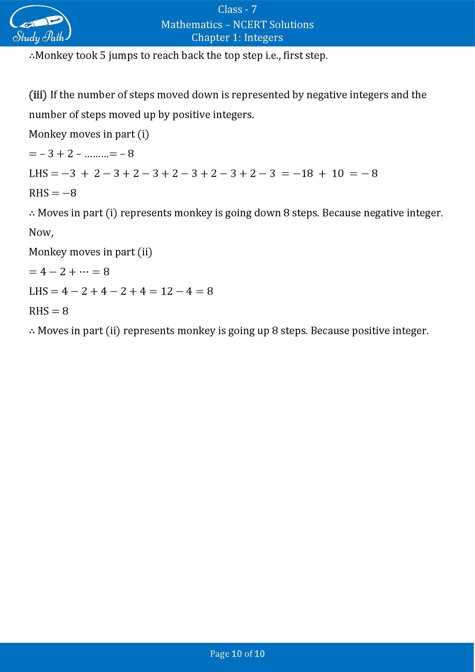 NCERT Solutions for Class 7 Maths Chapter 1 Integers Exercise 1.1 00010