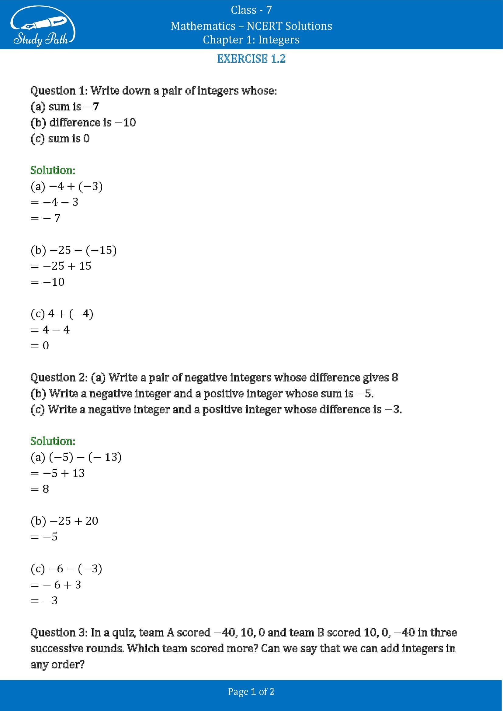NCERT Solutions for Class 7 Maths Chapter 1 Integers Exercise 1.2 00001