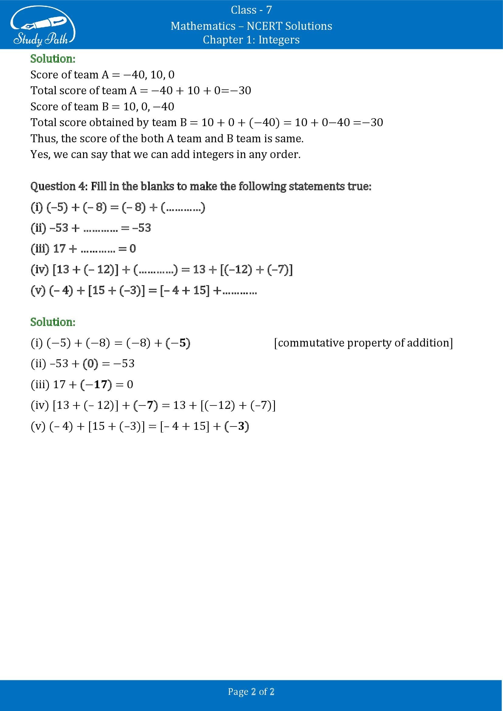 NCERT Solutions for Class 7 Maths Chapter 1 Integers Exercise 1.2 00002
