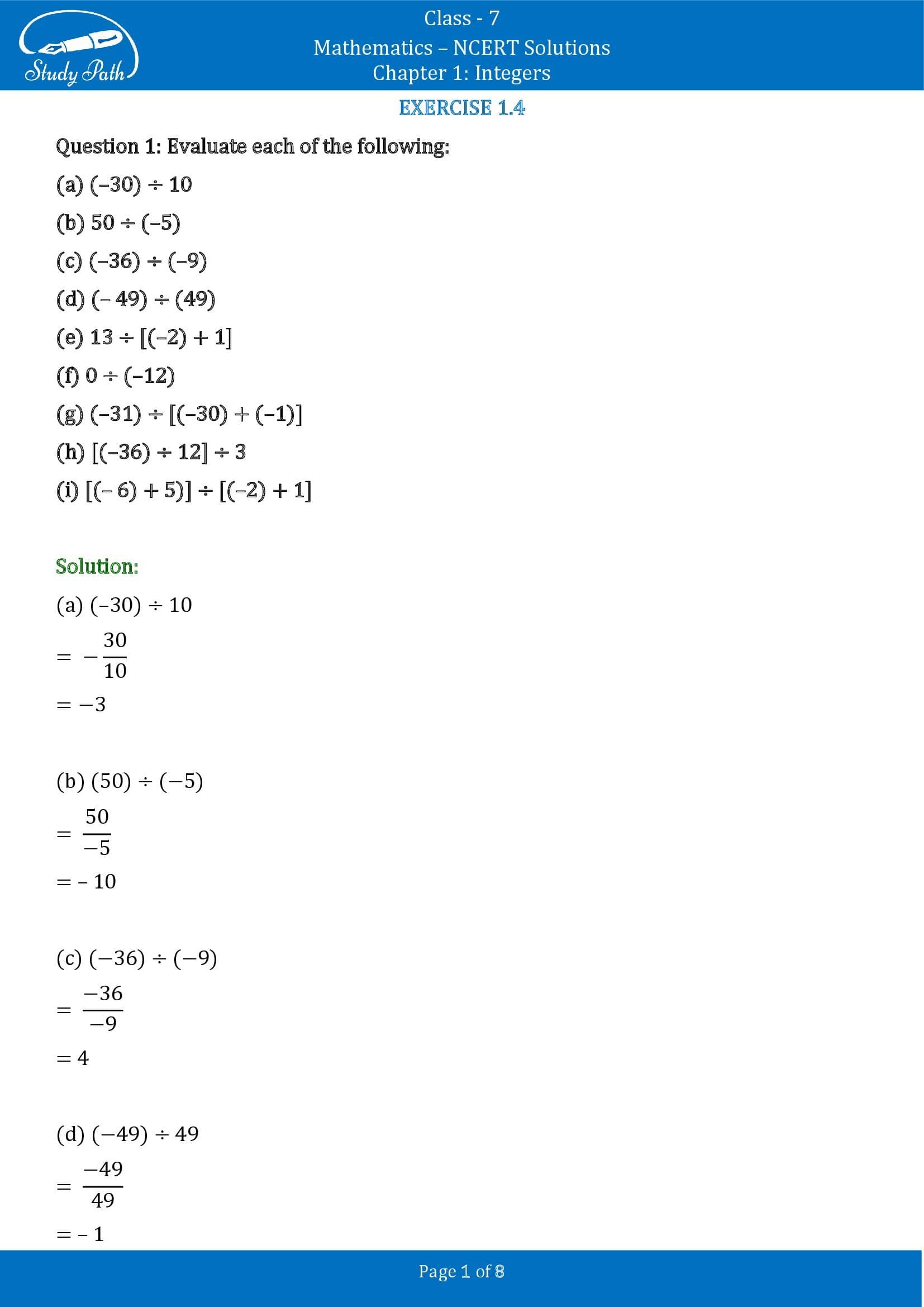 NCERT Solutions for Class 7 Maths Chapter 1 Integers Exercise 1.4 00001