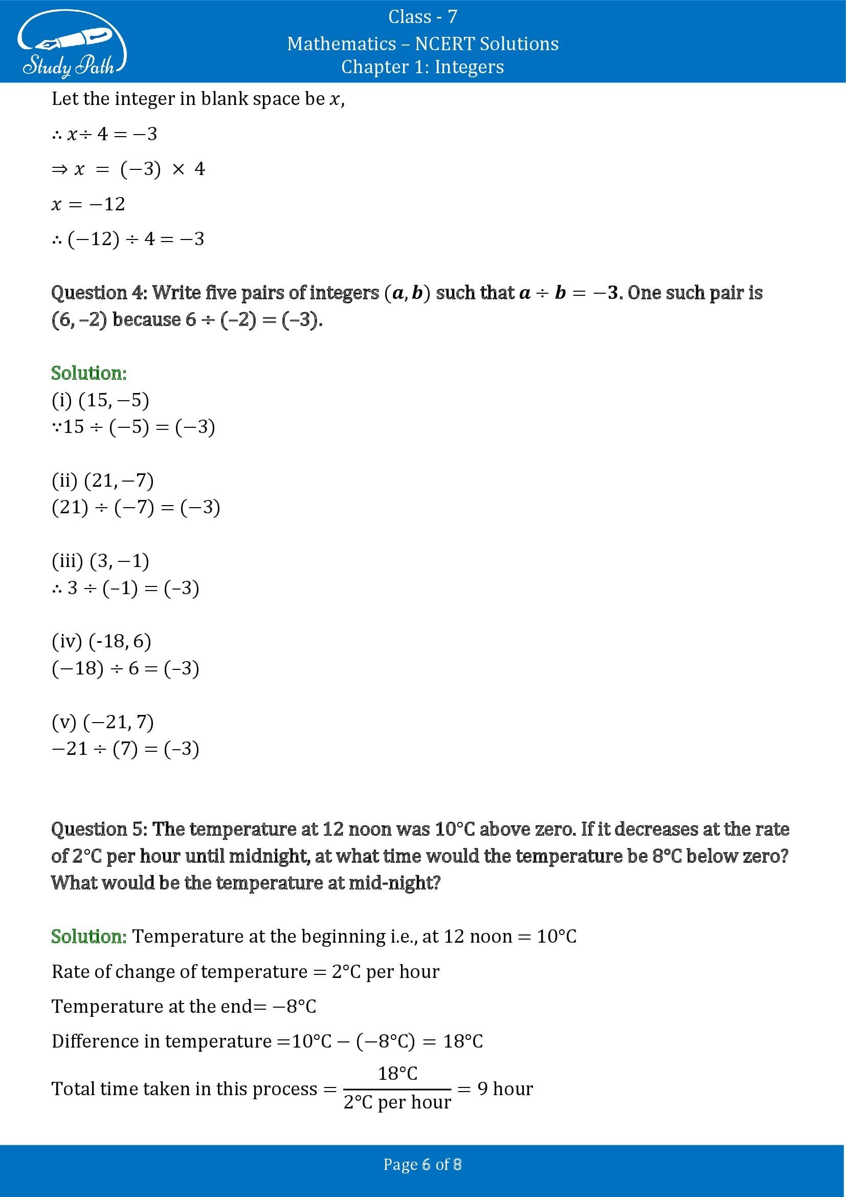 NCERT Solutions for Class 7 Maths Chapter 1 Integers Exercise 1.4 00006