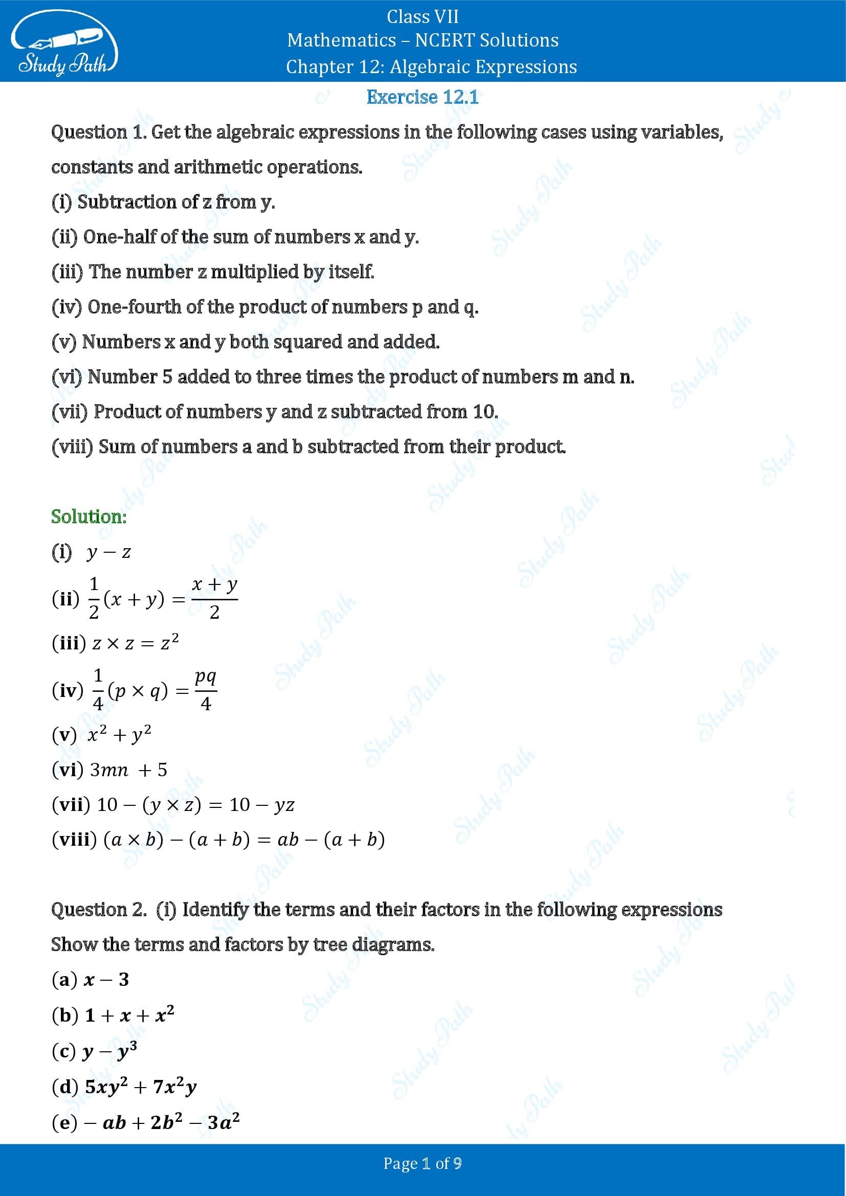 NCERT Solutions for Class 7 Maths Chapter 12 Algebraic Expressions Exercise 12.1 00001