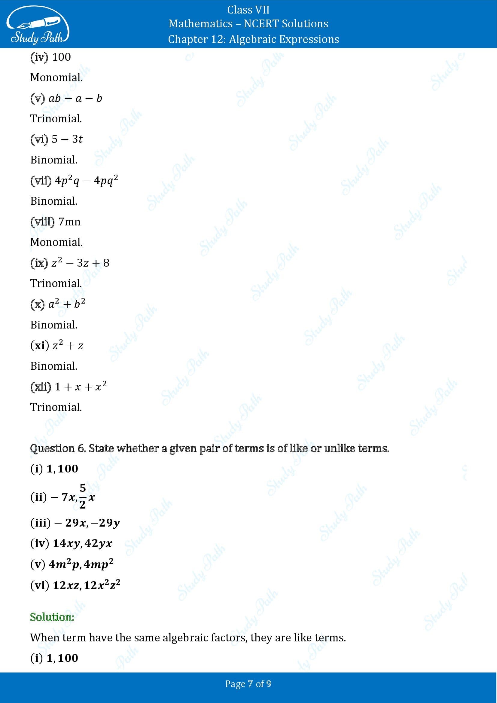 NCERT Solutions for Class 7 Maths Chapter 12 Algebraic Expressions Exercise 12.1 00007