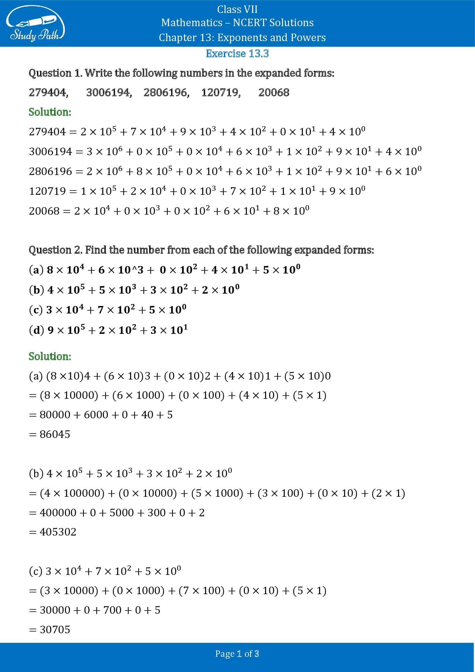 NCERT Solutions for Class 7 Maths Chapter 13 Exponents and Powers Exercise 13.3 00001