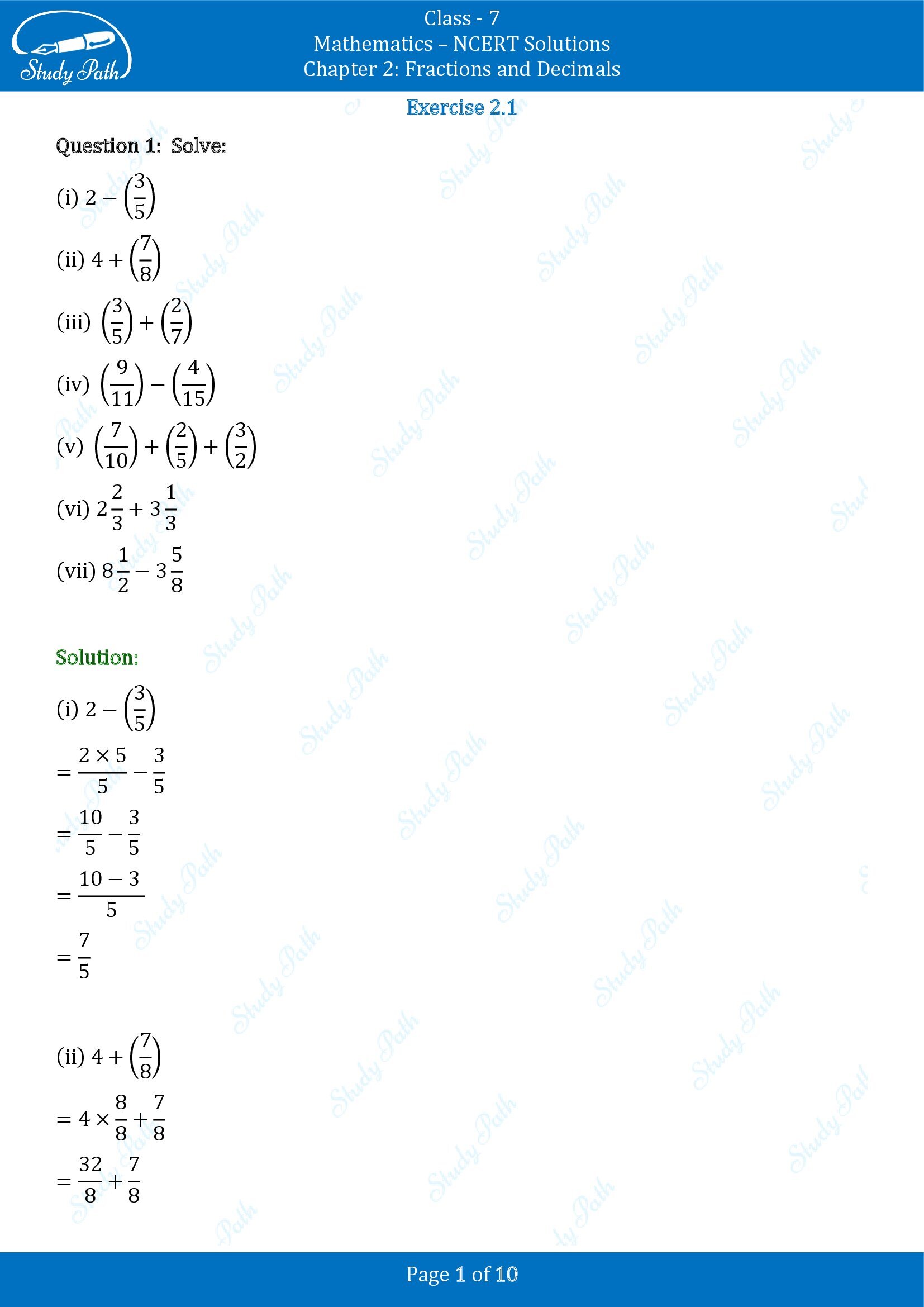 NCERT Solutions for Class 7 Maths Chapter 2 Fractions and Decimals Exercise 2.1 00001