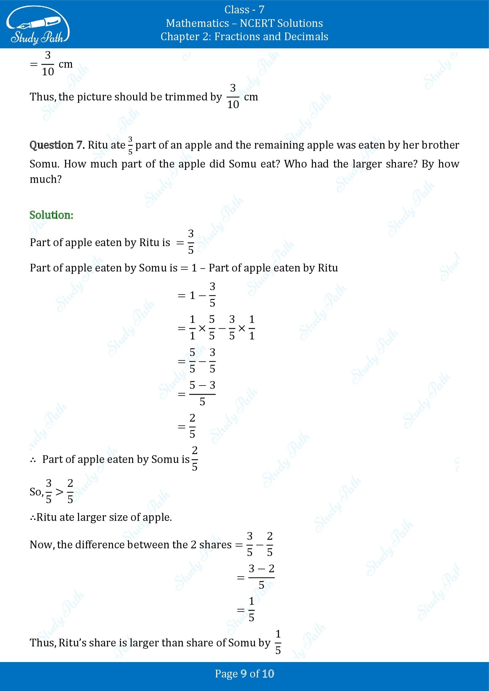 NCERT Solutions for Class 7 Maths Chapter 2 Fractions and Decimals Exercise 2.1 00009