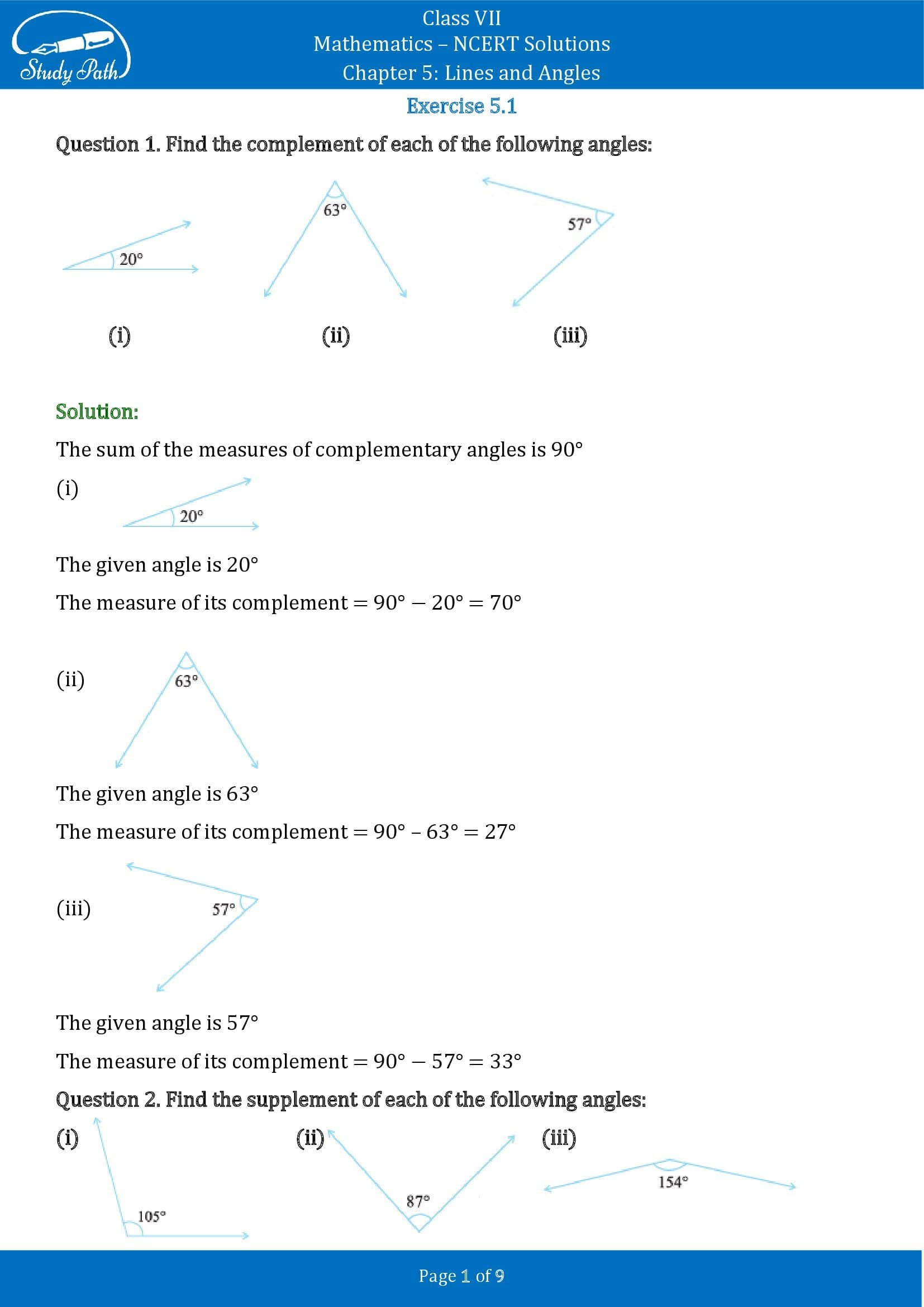 NCERT Solutions for Class 7 Maths Chapter 5 Lines and Angles Exercise 5.1 00001