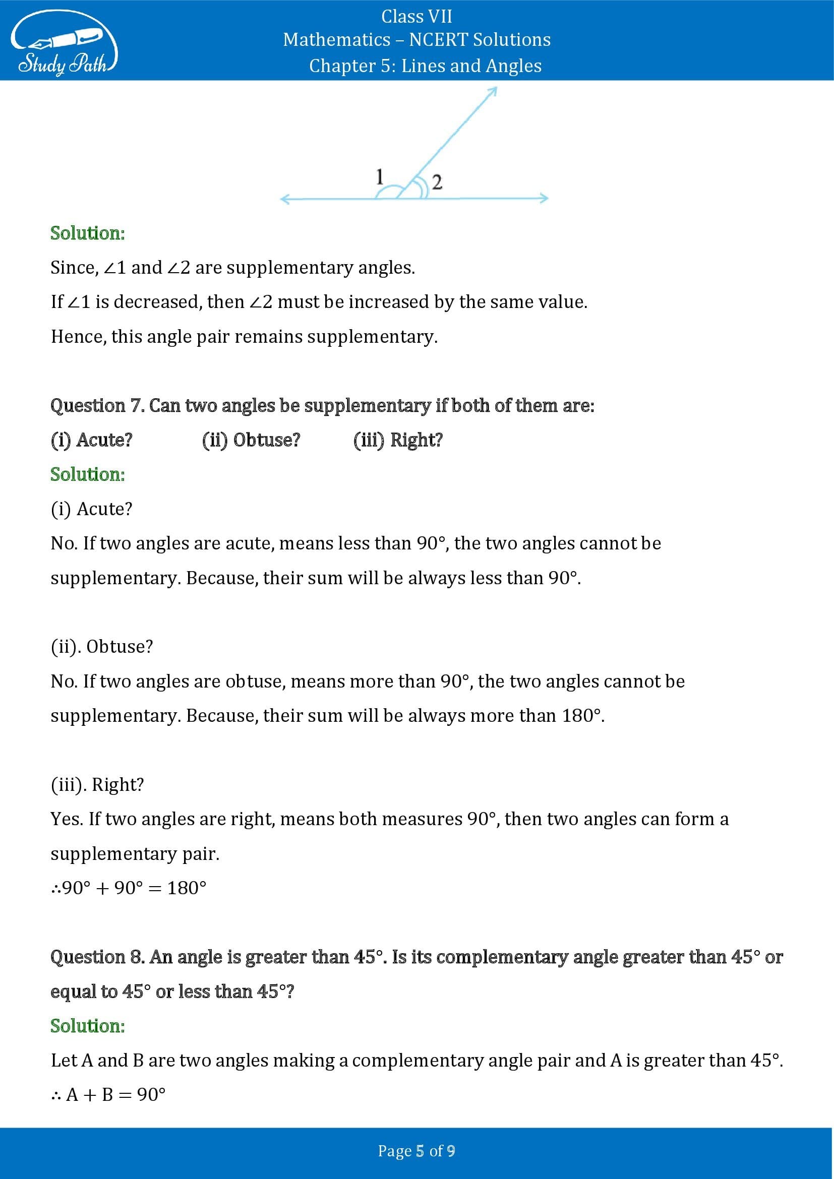 NCERT Solutions for Class 7 Maths Chapter 5 Lines and Angles Exercise 5.1 00005