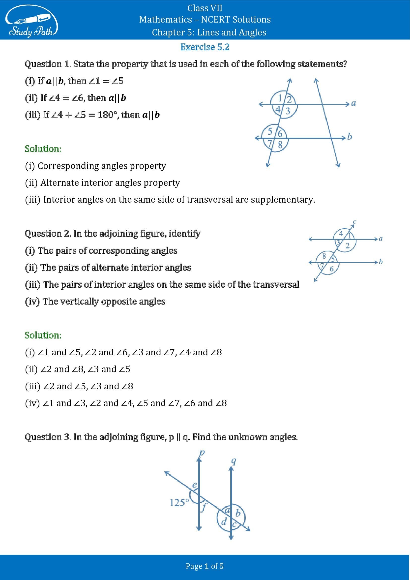 NCERT Solutions for Class 7 Maths Chapter 5 Lines and Angles Exercise 5.2 00001