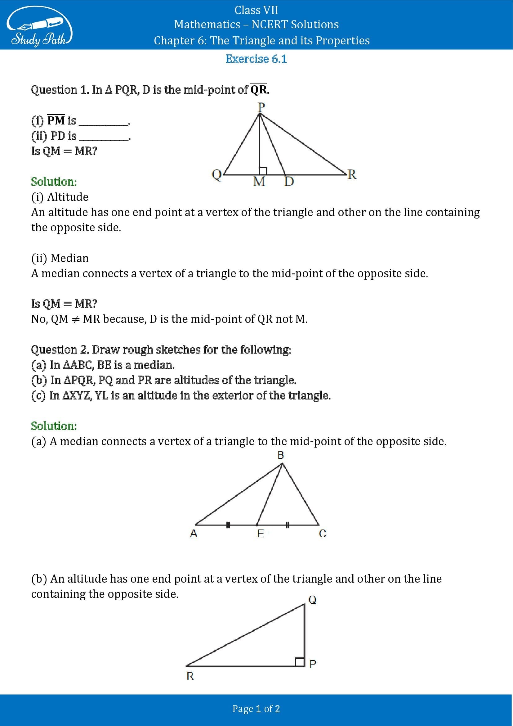 NCERT Solutions for Class 7 Maths Chapter 6 The Triangle and its Properties Exercise 6.1 00001