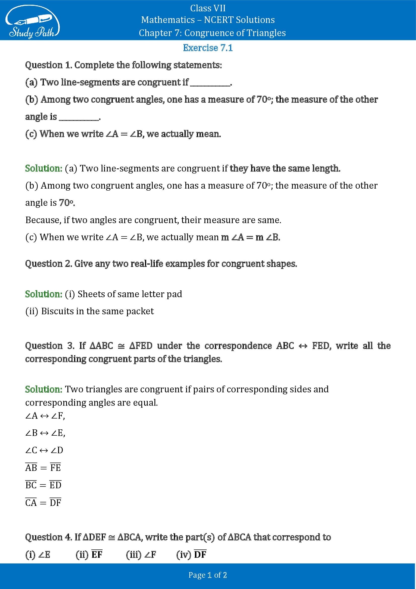 NCERT Solutions for Class 7 Maths Chapter 7 Congruence of Triangles Exercise 7.1 00001