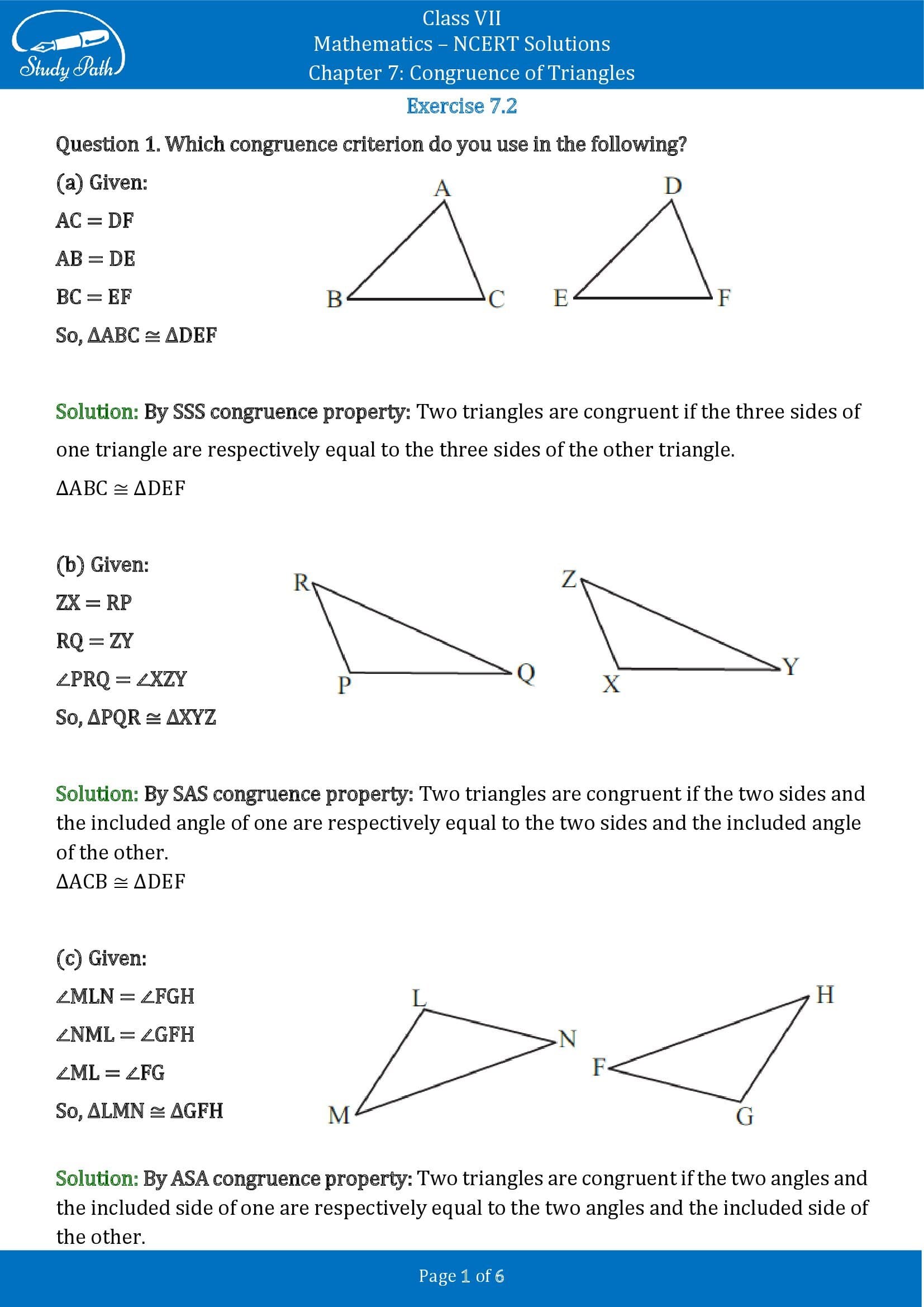 NCERT Solutions for Class 7 Maths Chapter 7 Congruence of Triangles Exercise 7.2 00001