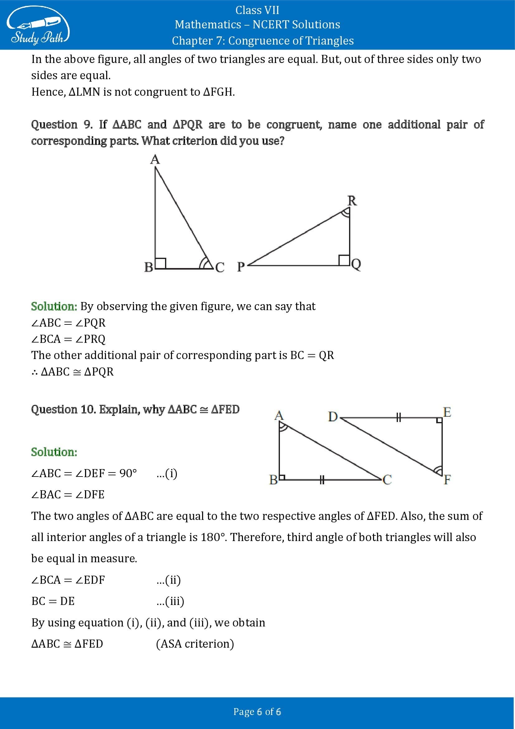 NCERT Solutions for Class 7 Maths Chapter 7 Congruence of Triangles Exercise 7.2 00006