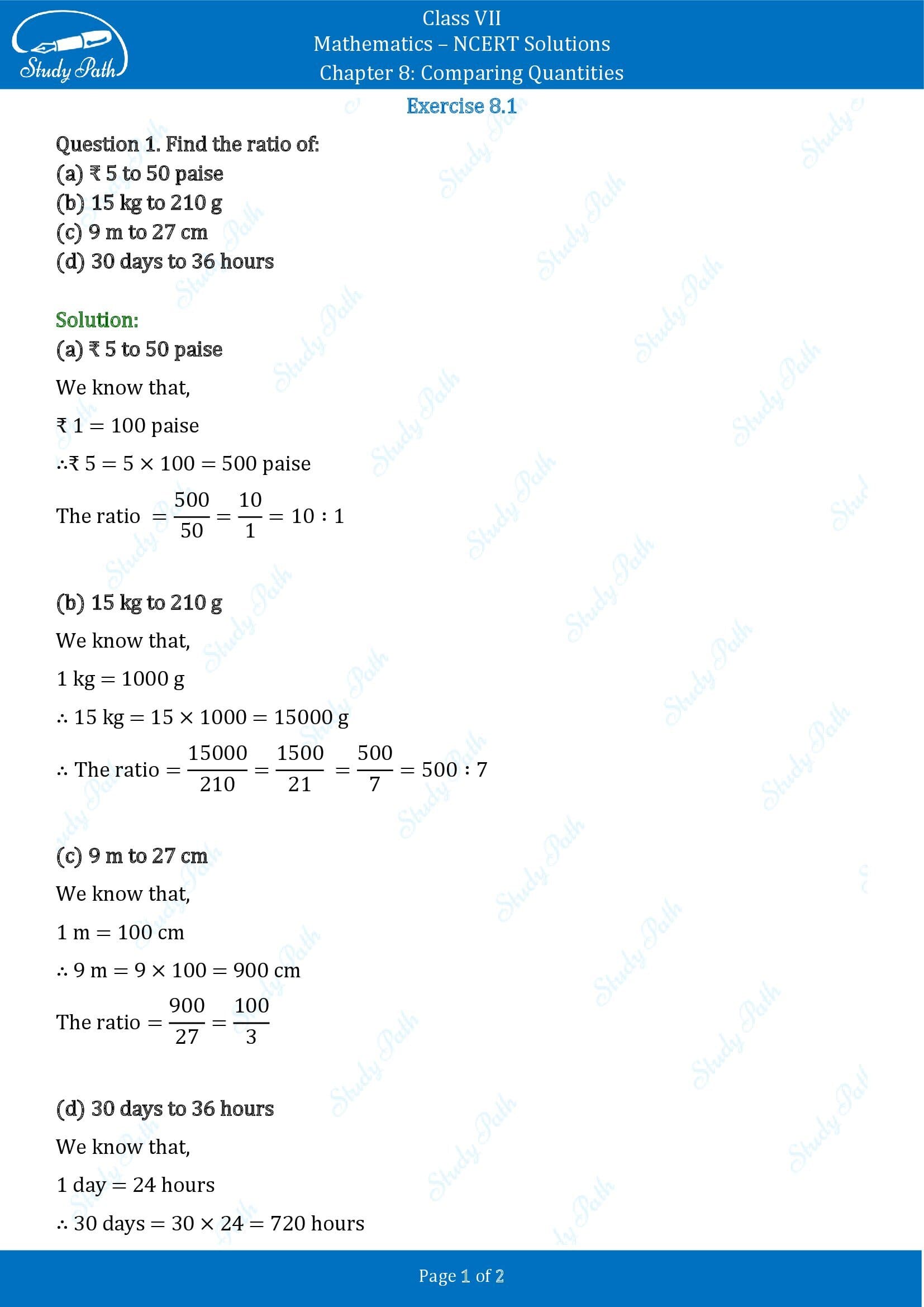 NCERT Solutions for Class 7 Maths Chapter 8 Comparing Quantities Exercise 8.1 00001