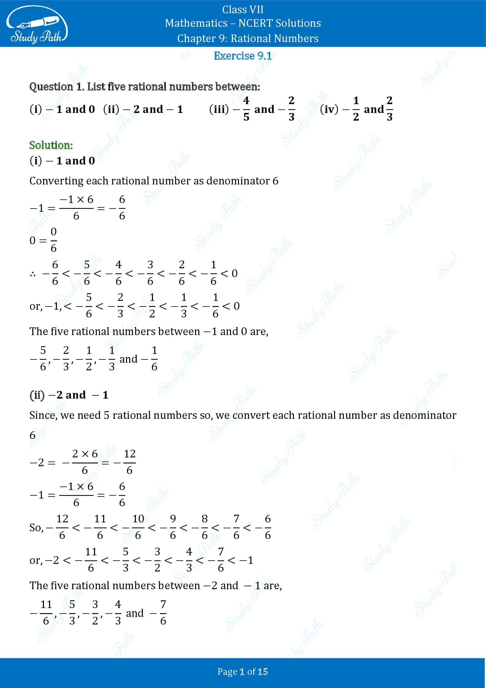 NCERT Solutions for Class 7 Maths Chapter 9 Rational Numbers Exercise 9.1 00001
