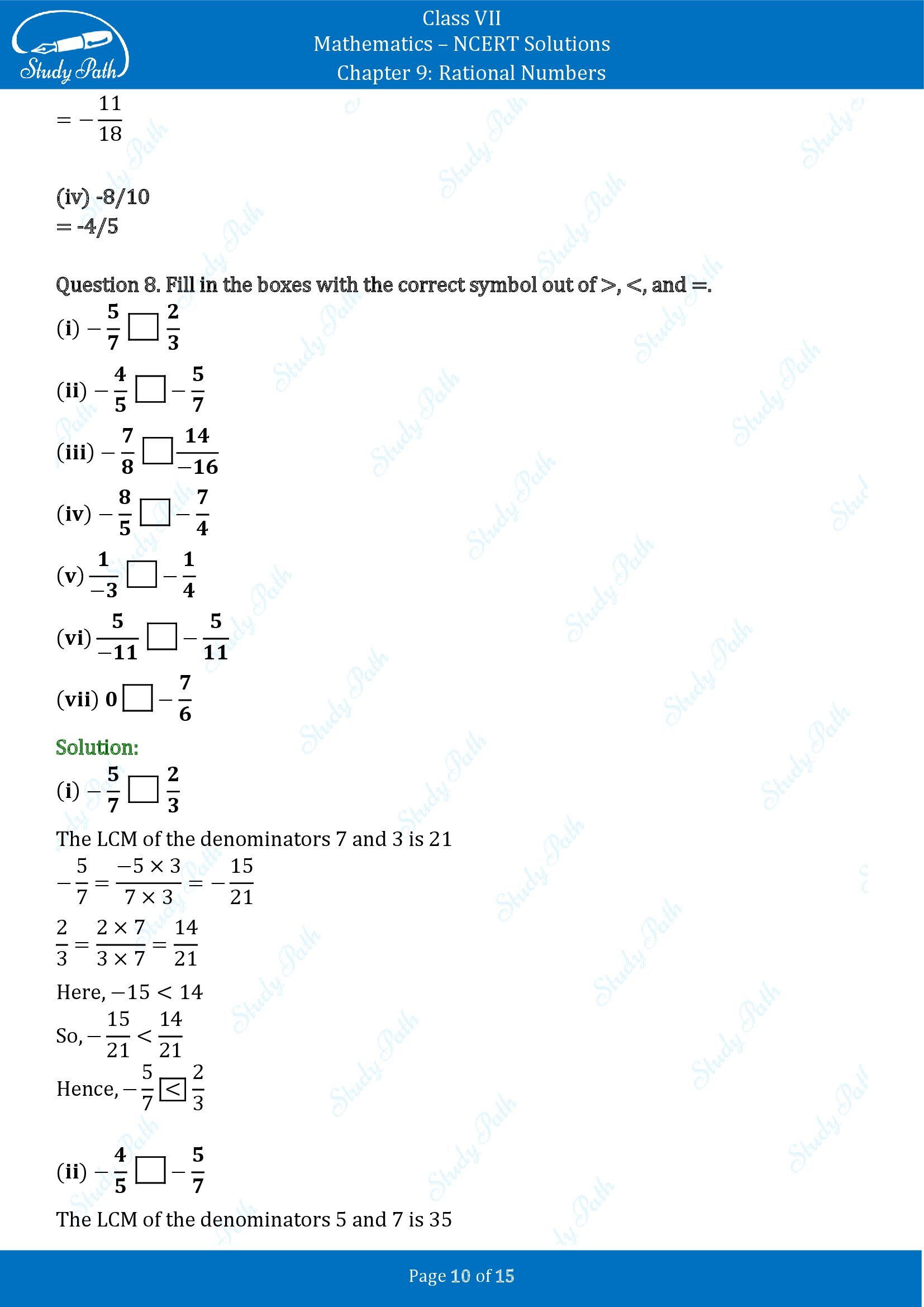 NCERT Solutions for Class 7 Maths Chapter 9 Rational Numbers Exercise 9.1 00010