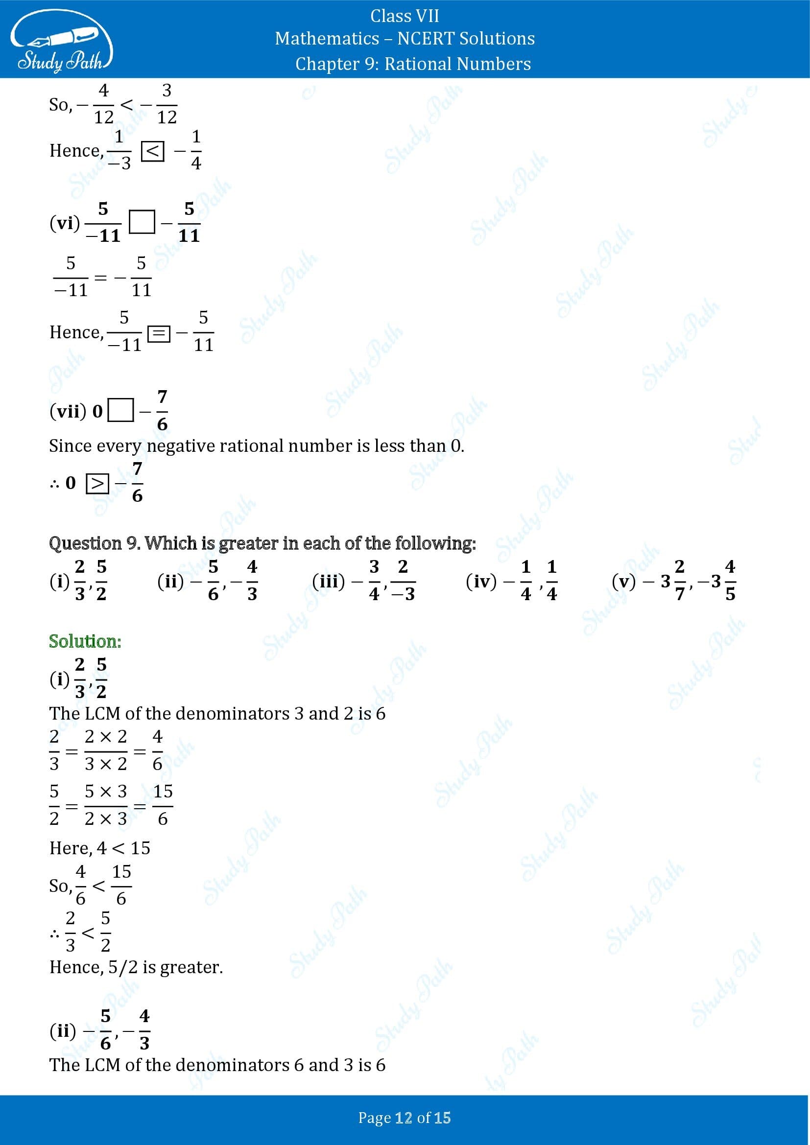 NCERT Solutions for Class 7 Maths Chapter 9 Rational Numbers Exercise 9.1 00012