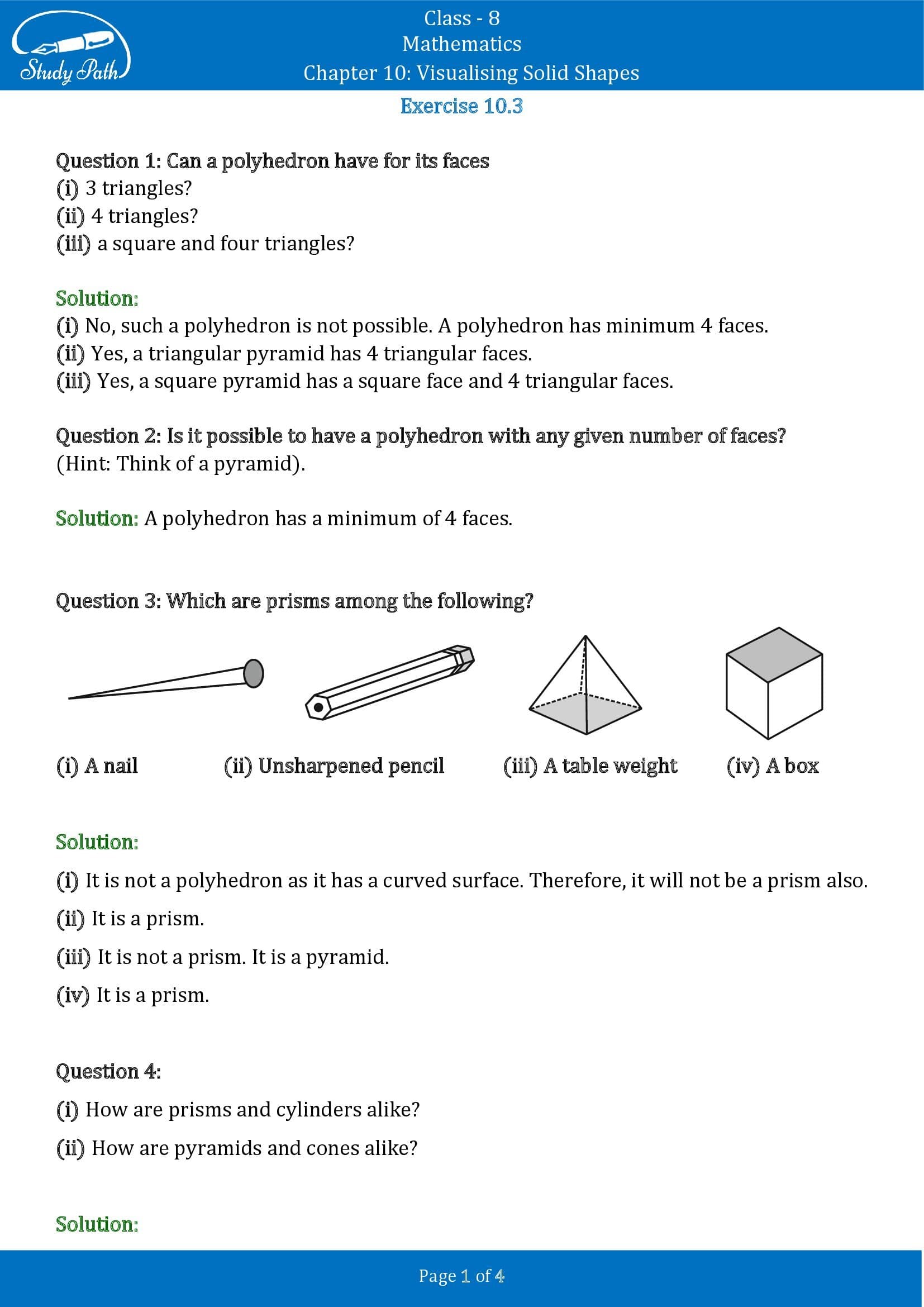 NCERT Solutions for Class 8 Maths Chapter 10 Visualising Solid Shapes Exercise 10.3 00001