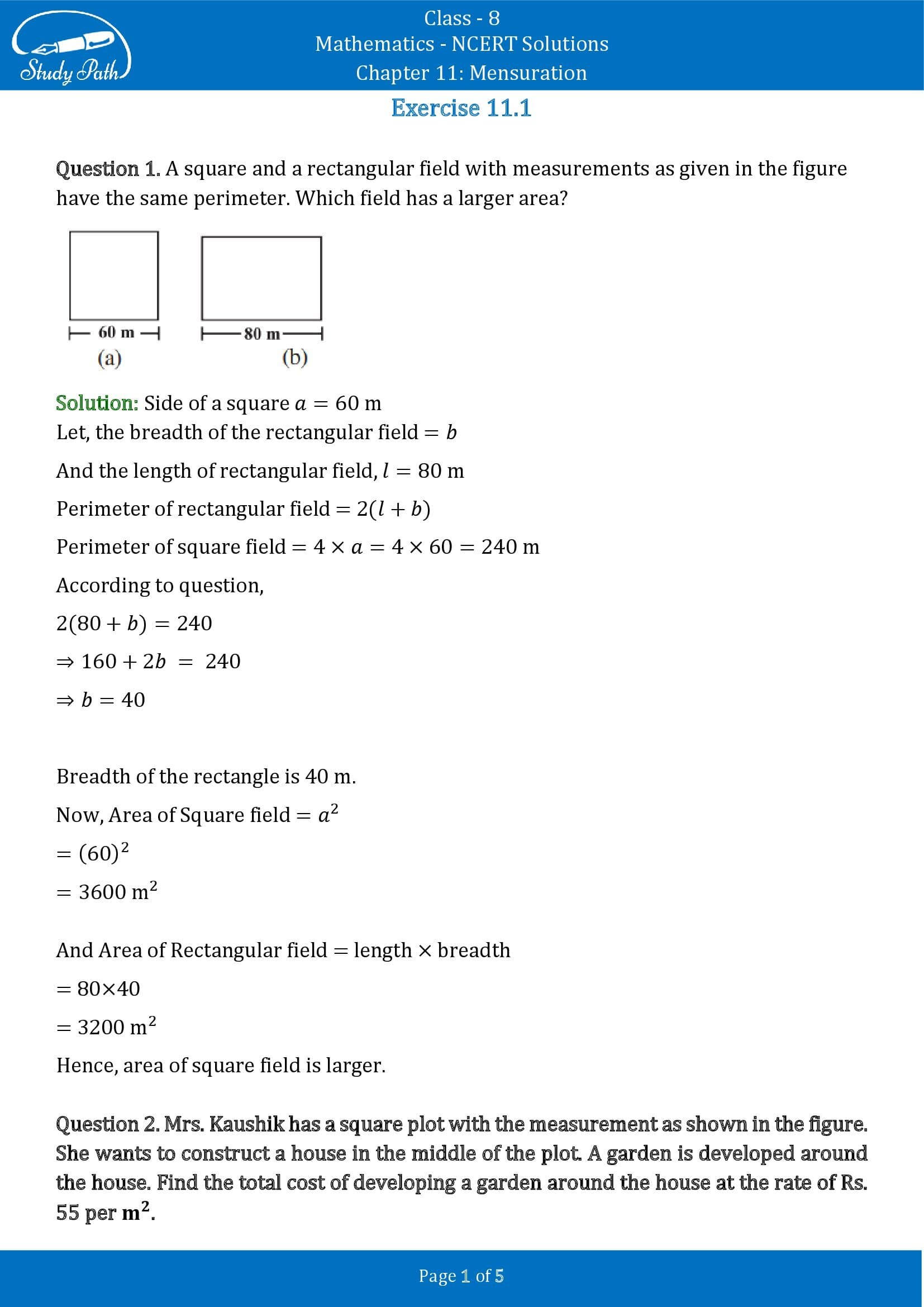 assignment of mensuration for class 8