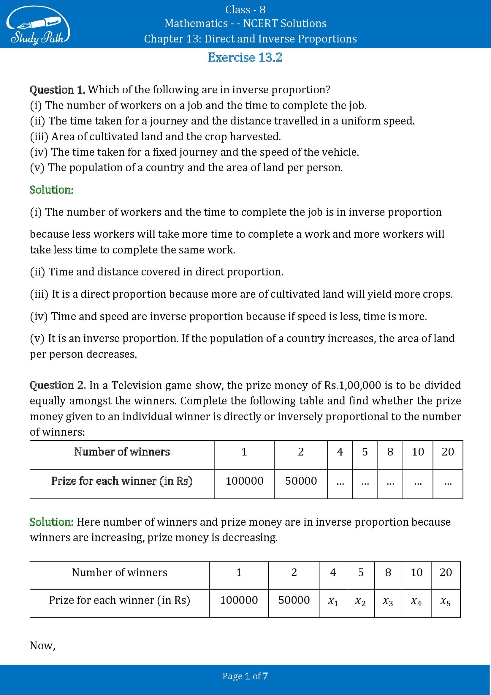 NCERT Solutions for Class 8 Maths Chapter 13 Direct and Inverse Proportions Exercise 13.2 00001
