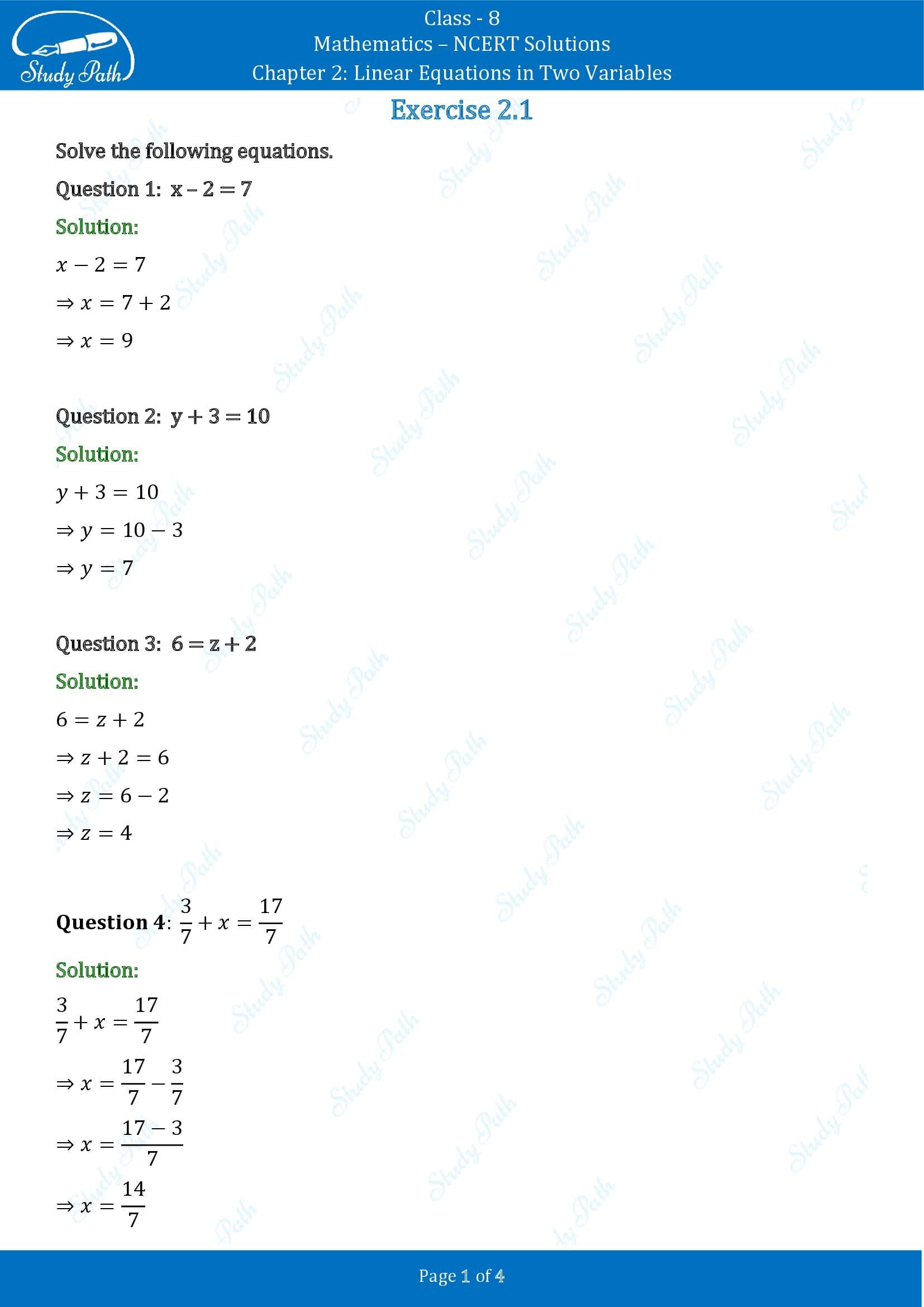 NCERT Solutions for Class 8 Maths Chapter 2 Linear Equations in Two Variables Exercise 2.1 00001