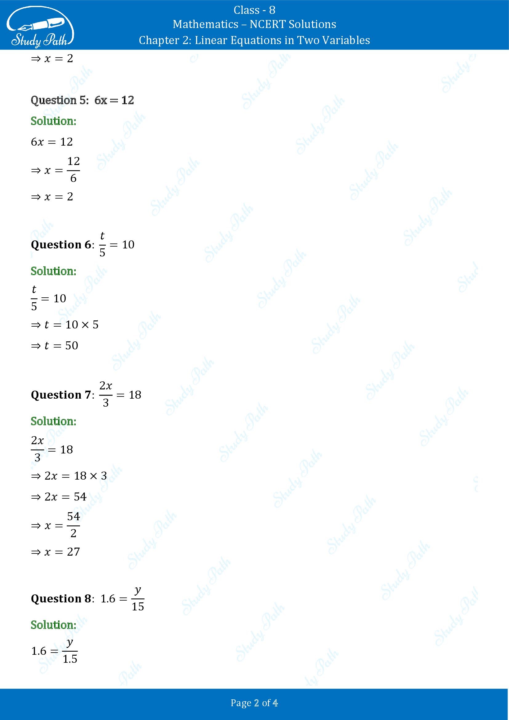 NCERT Solutions for Class 8 Maths Chapter 2 Linear Equations in Two Variables Exercise 2.1 00002