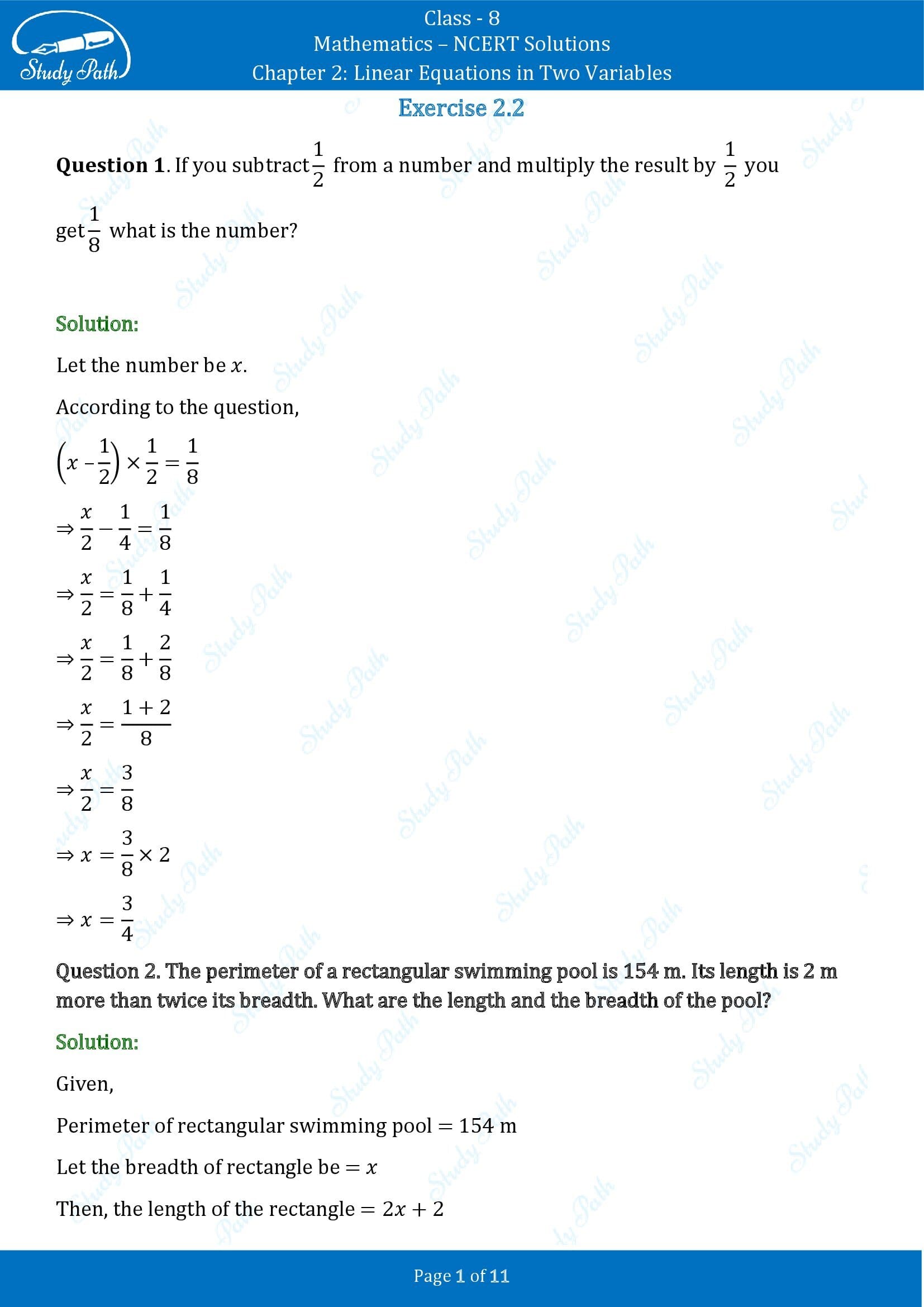 NCERT Solutions for Class 8 Maths Chapter 2 Linear Equations in Two Variables Exercise 2.2 00001